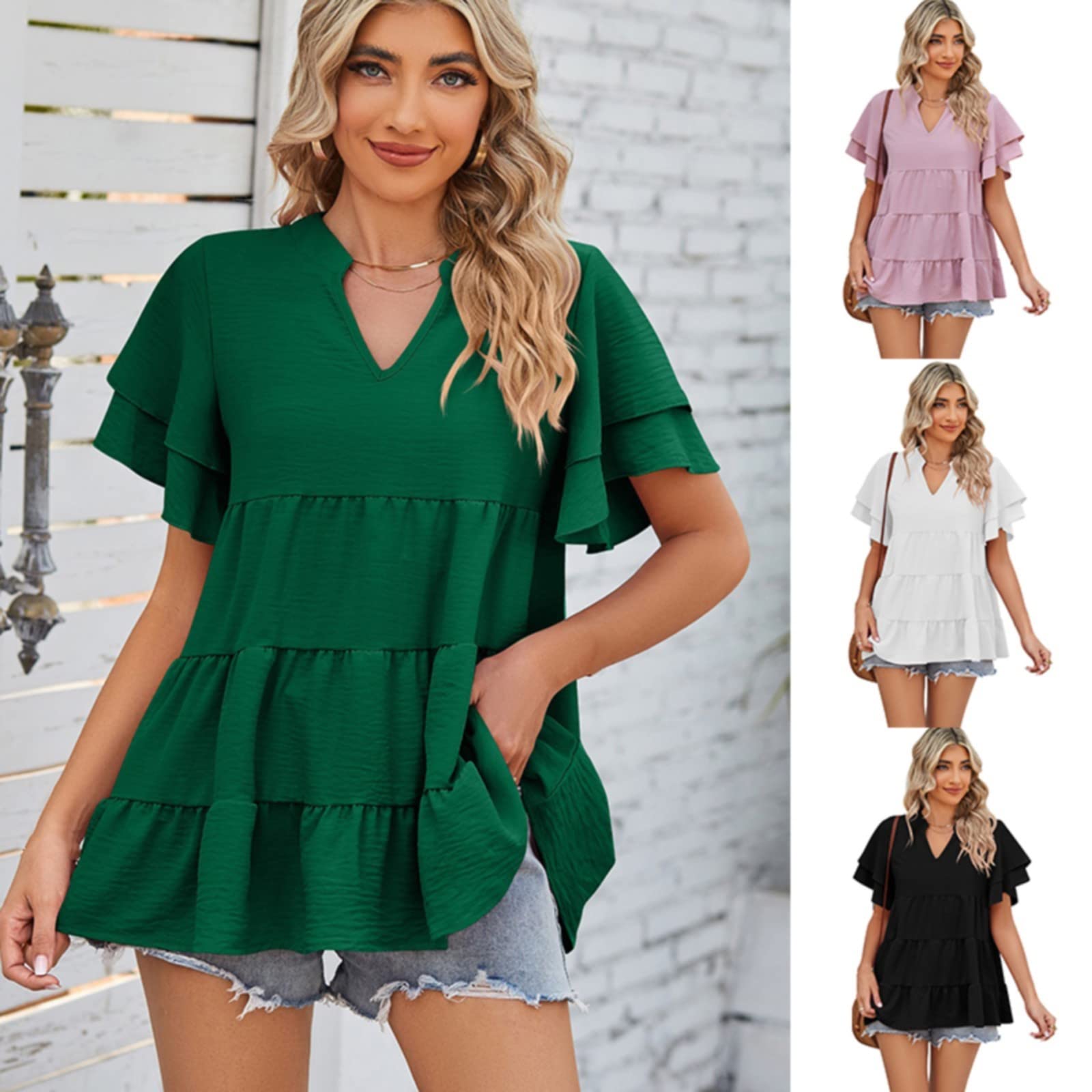 Plus Size Women's Double Layered Ruffle Sleeve V-Neck Tunic Top - Casual Loose Fit Summer Blouse for Going Out | Perfect for Office, Date Night & Weekend Wear