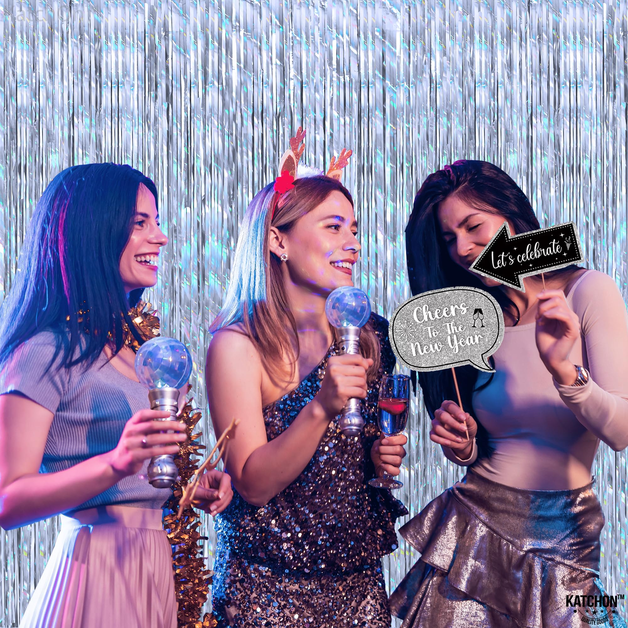 KatchOn Holographic Silver Streamer Backdrop - XtraLarge 3.2x8 Feet, Pack of 2 | New Year Party Decorations | Disco Party Supplies | Perfect for NYE Celebrations, Birthday Parties & Photo Booth Backgrounds