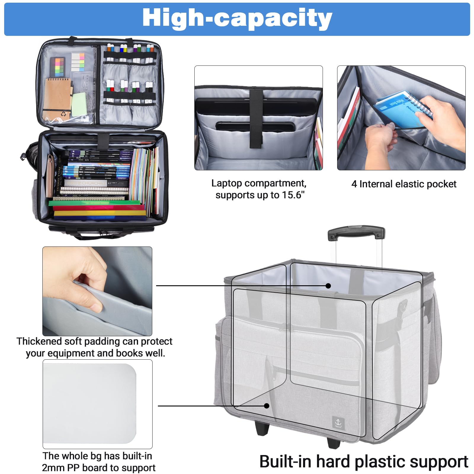 Rolling Teacher Bag - Large Capacity Rolling Briefcase with Detachable Trolley, Laptop Compartment & Adjustable Shoulder Strap - Perfect for Educators, Business Professionals & Travel (Black)