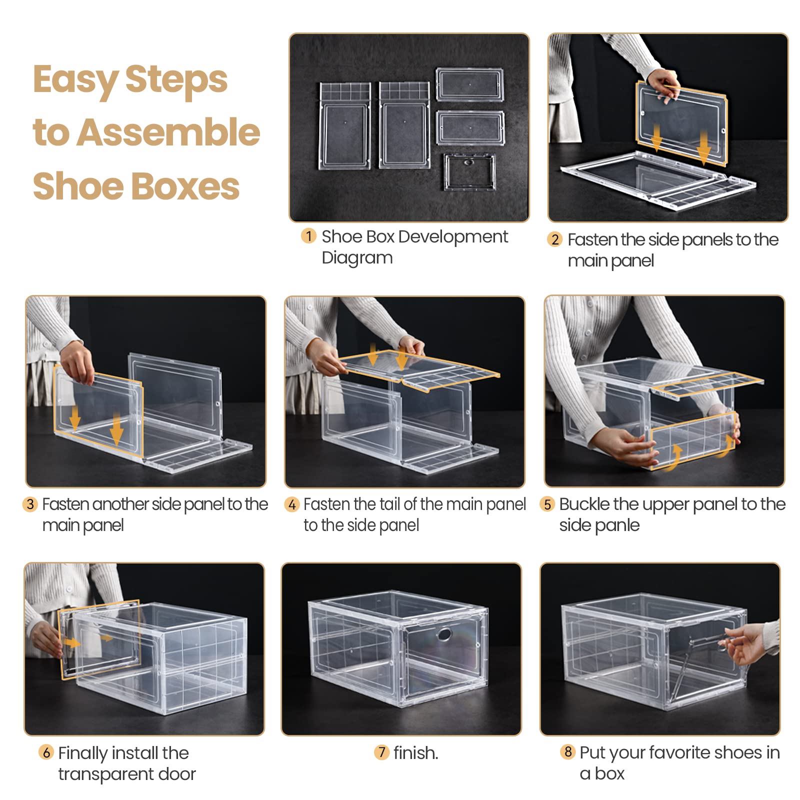 12 Pack Clear Stackable Shoe Storage Boxes with Clear Door - Organizer for Closet, Sneakers & Shoes up to US Size 12 (13.8”x9.84”x7.1”) - Easy to Assemble, Durable Plastic Shoe Box Containers - Perfect for Bedroom, Walk-in Closet & Shoe Collection Organization