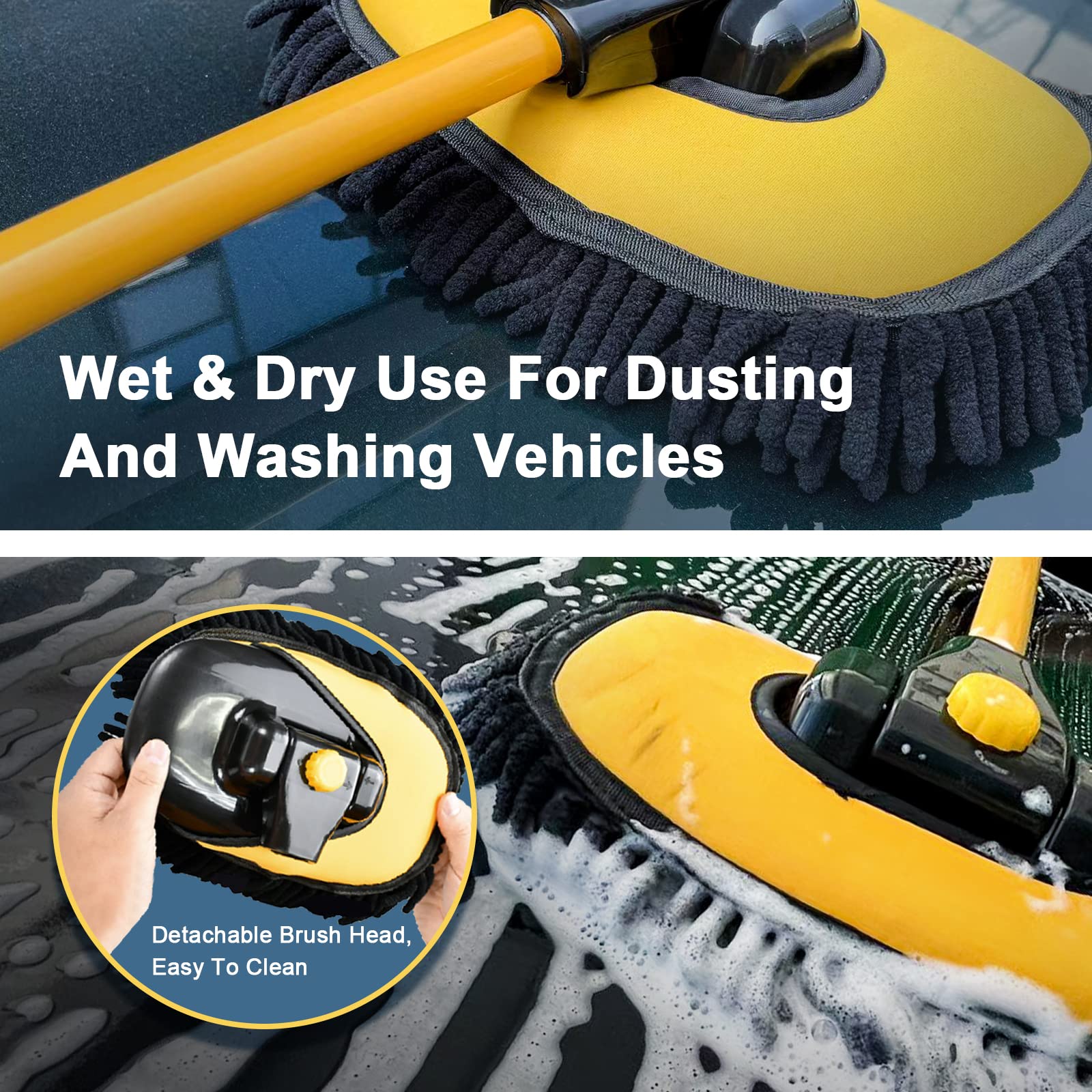 Premium Microfiber Car Wash Brush with Extendable 15° Curved Pole - Replaceable Chenille Brush Head for Gentle Cleaning - Ideal for RV, Truck, Camper & SUV Washing - Yellow Car Detailing Kit for Scratch-Free Shine