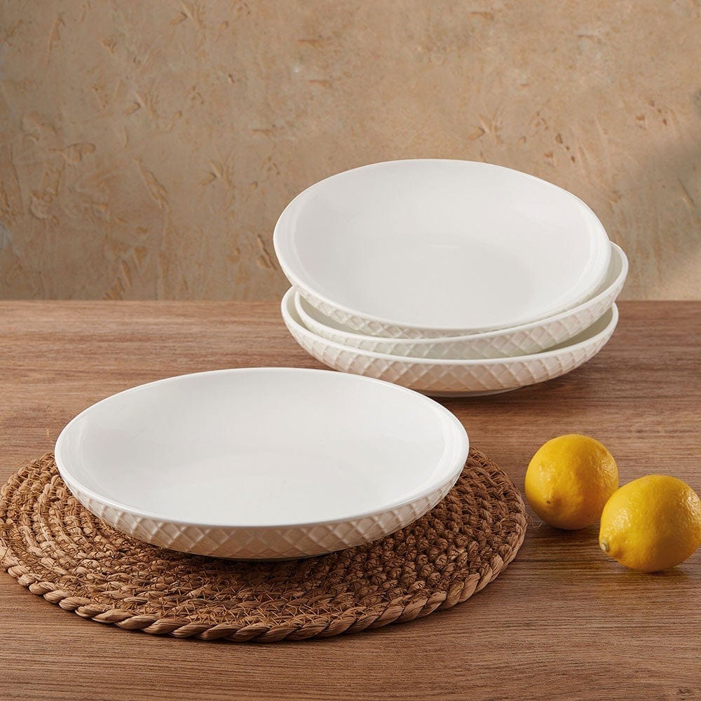 Premium White Ceramic Pasta Bowls - Set of 4, Microwave & Dishwasher Safe - Perfect for Italian Pasta, Salad, Soup & Dessert Serving - Elegant Dining & Entertaining Tableware