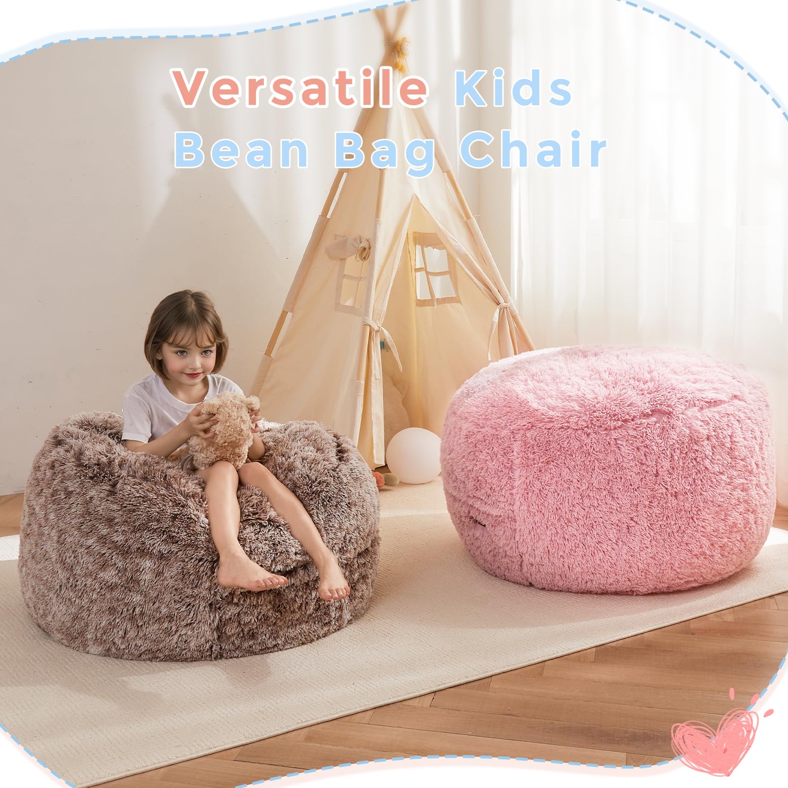 MAXYOYO Kids Bean Bag Chair Bed - Plush Convertible Floor Mattress & Lounge Chair in Pink | Perfect for Playrooms, Bedrooms & Sleepovers