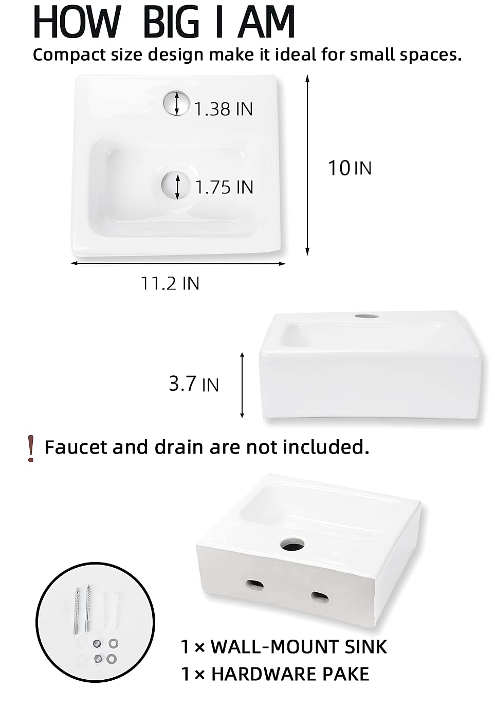 Wall Mount Ceramic Vessel Sink - 11x10 Inch Rectangular Bathroom Sink with Classic Design, Space-Saving Liberty Style - Perfect for Small Bathrooms, Powder Rooms & Modern Vanities