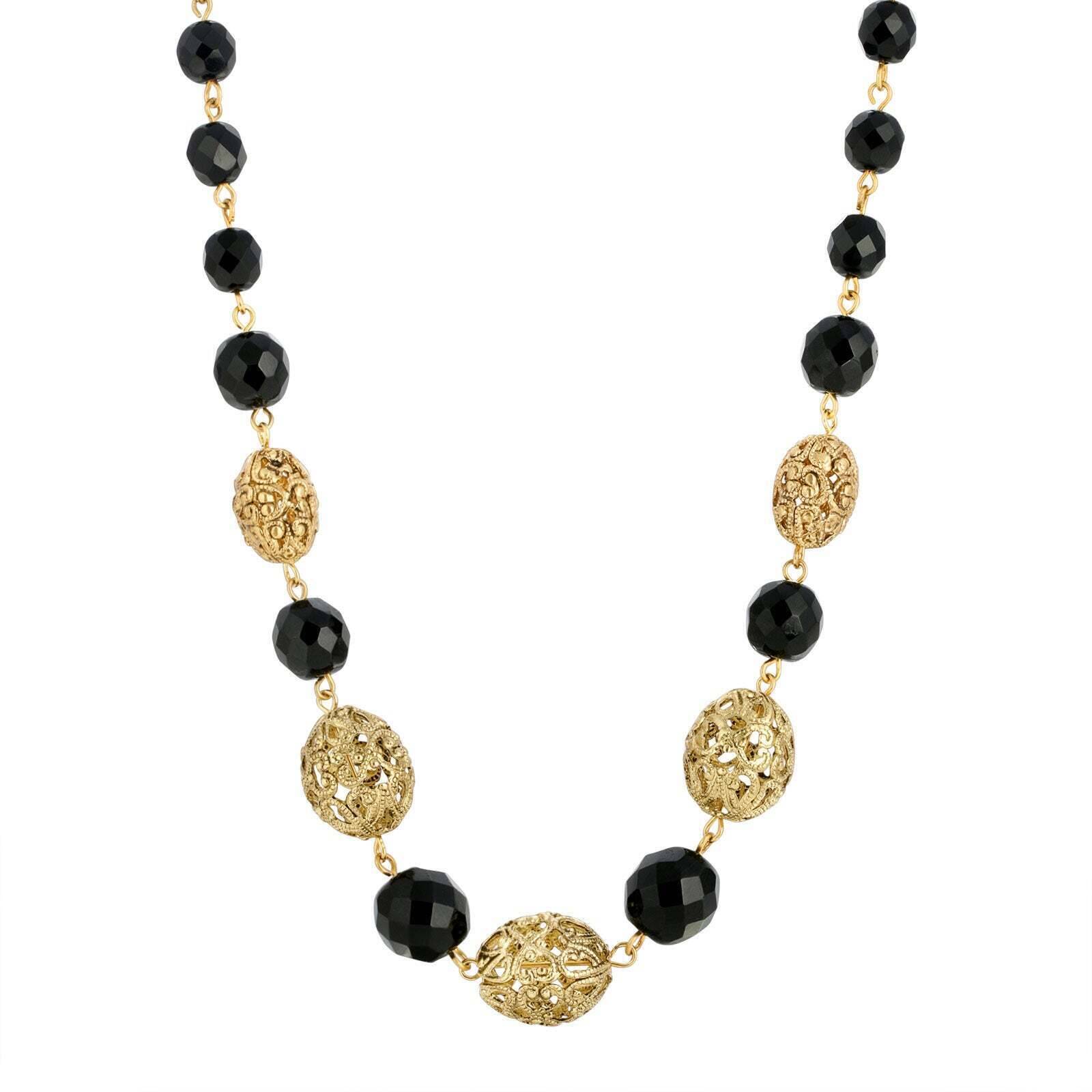 1928 Jewelry Vintage Oval Filigree Black Beaded Necklace with 16