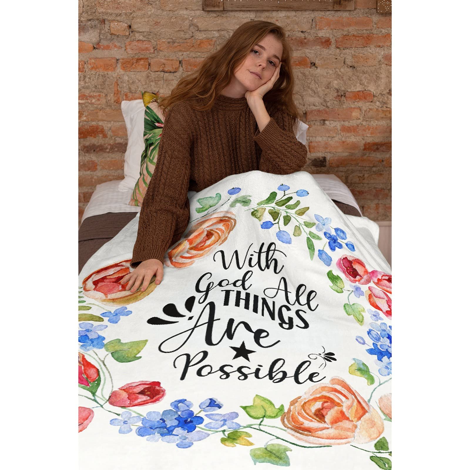 Floral Inspirational Blanket with 'With God All Things Are Possible' Bible Verse - Oversized 120x90 Inch Fleece Blanket for All Seasons (Fall, Winter, Spring, Summer) - Perfect for Couch, Bed, Sofa, Reading Nook, and Cozy Home Decor