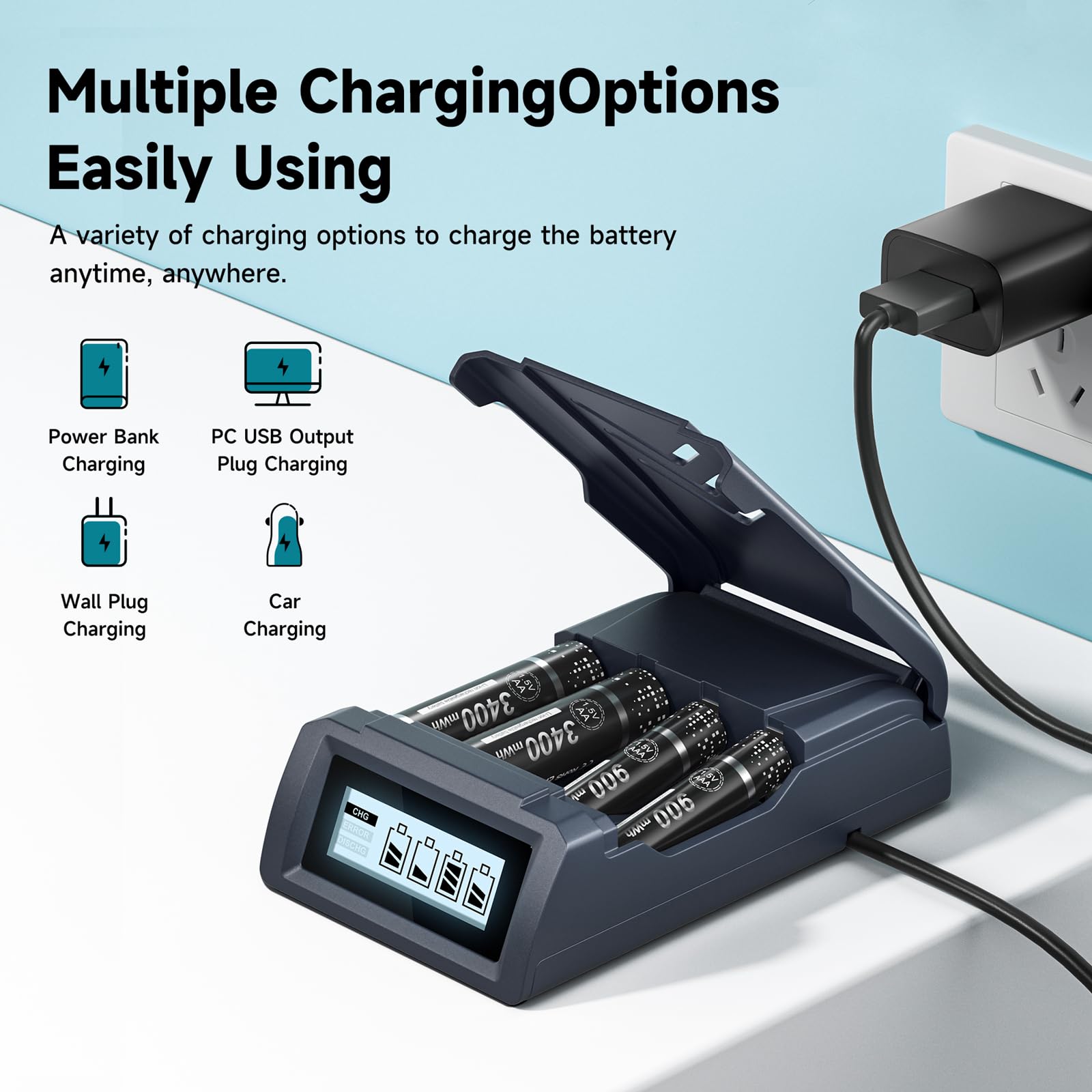 Palowextra Smart Battery Charger for 1.5V Li-ion & 1.2V Ni-MH AA AAA Rechargeable Batteries with Micro USB Port - Fast Charging for Cameras, Flashlights, Toys & Electronics