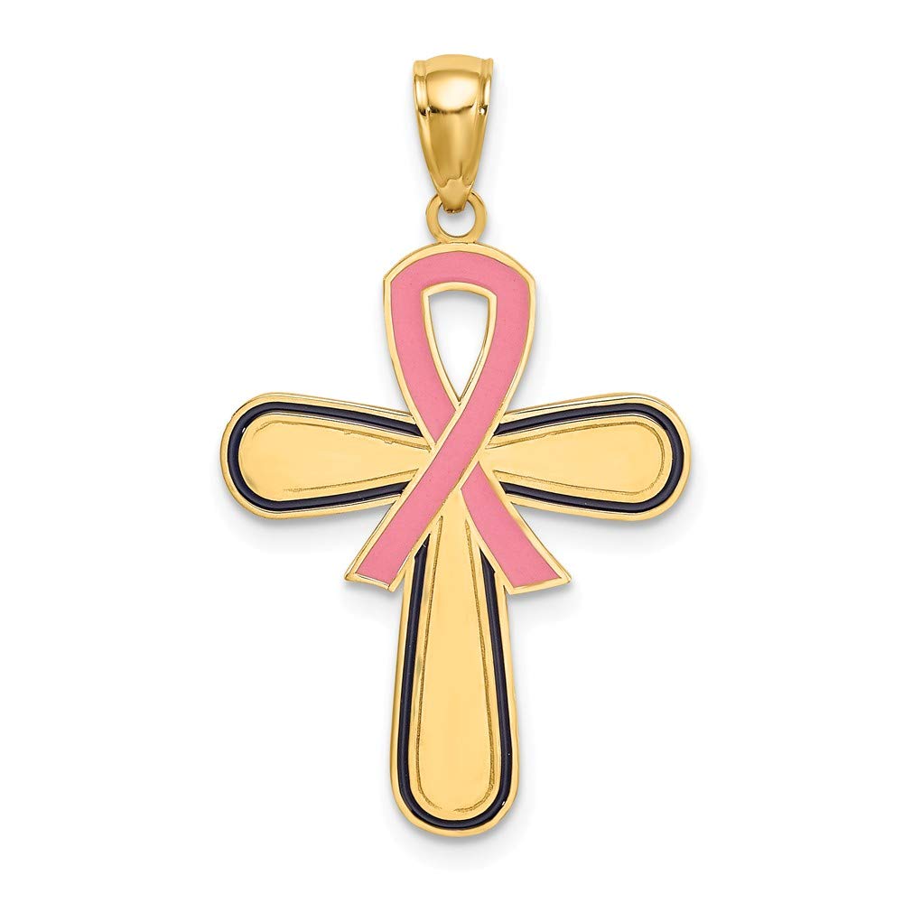 14K Yellow Gold Breast Cancer Awareness Pendant with Pink Ribbon - 1.22 x 0.77 Inch Cross Necklace for Women - Perfect for Survivors, Supporters & Awareness Events