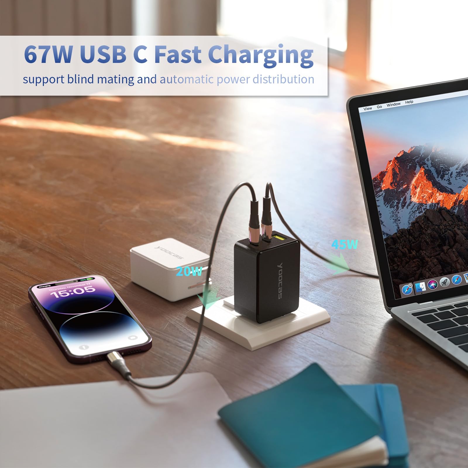 Yoocas 67W USB C Fast Charger with PD 3.0 PPS & GaN III Technology - 3-Port Foldable Wall Charger for iPhone 15 Pro/14 Pro Max/13, iPad Pro, MacBook Pro, Galaxy S23/S22 - Perfect for Travel, Office & Home Charging