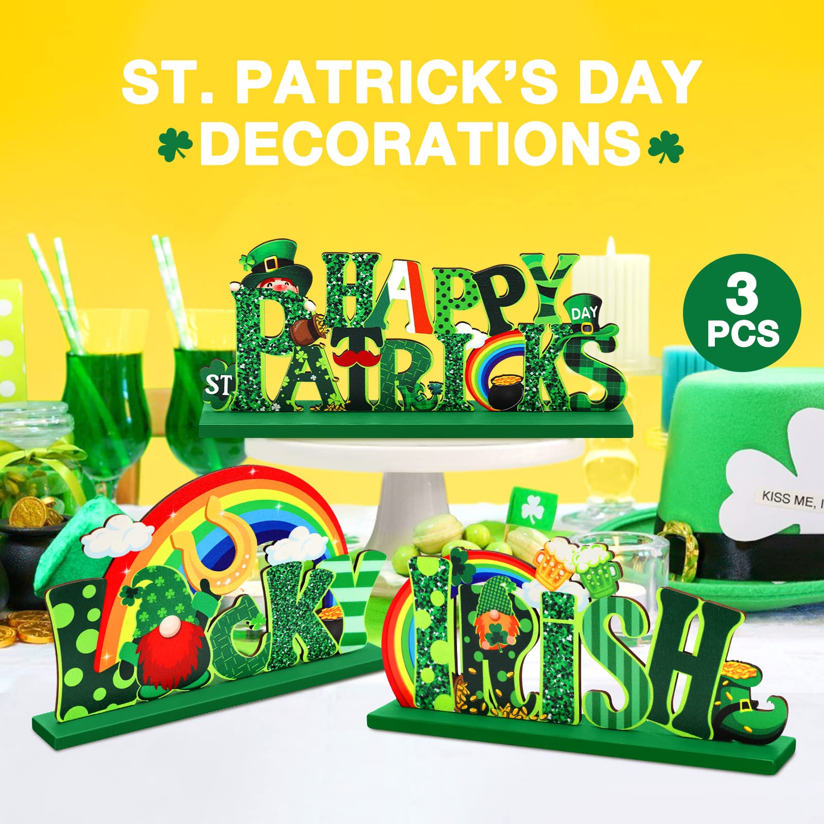 Hommtina 3-Piece St. Patrick's Day Table Decor Set - Shamrock Signs & Centerpieces for Irish Party, Home, Bar, and Restaurant Decorations