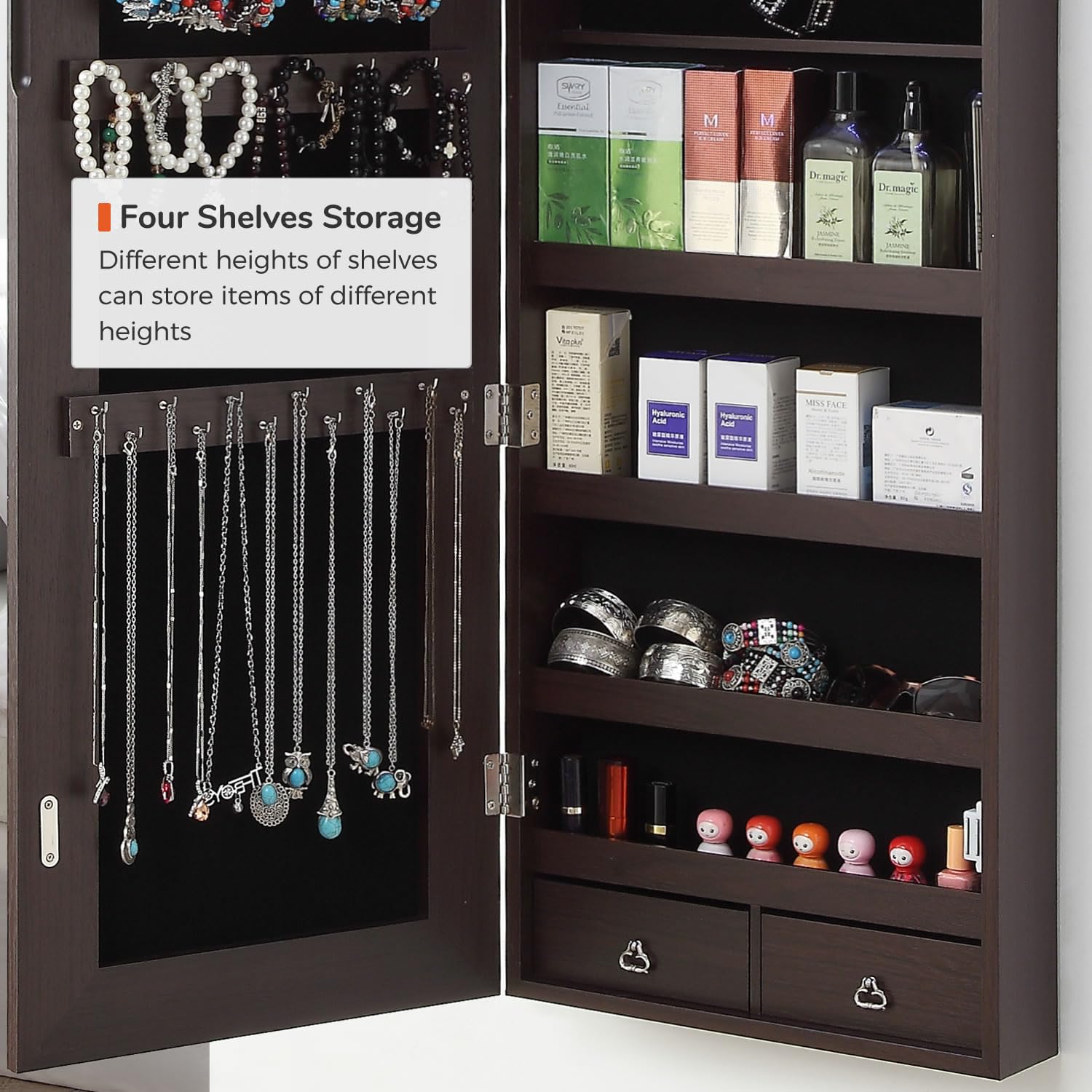 GISSAR Full Length Mirror Jewelry Cabinet with 6 LED Lights - Wall Mounted Over The Door Hanging Jewelry Organizer - Lockable Storage for Necklaces, Rings & Accessories - Brown (14.6
