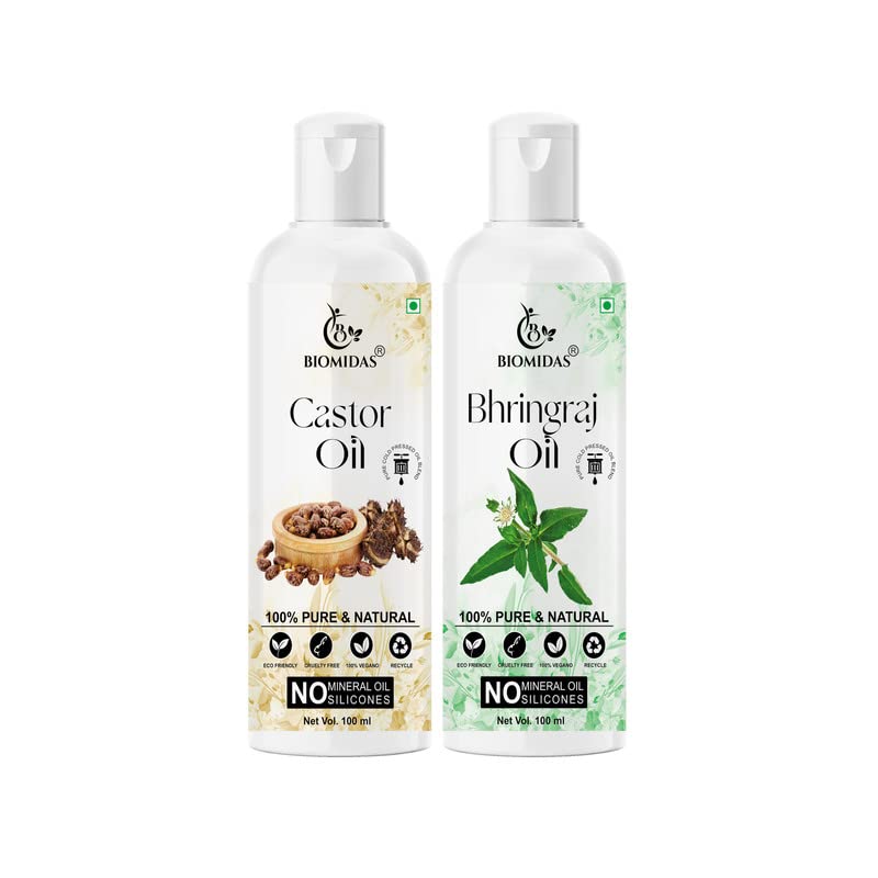Biomidas 100% Pure Castor Oil & Black Seed Oil Combo (100ml Each) for Hair Growth - Reduces Hair Fall, Repairs Split Ends, Softens & Shines Hair - Pack of 2 | Perfect for Daily Hair Care & Natural Hair Treatment