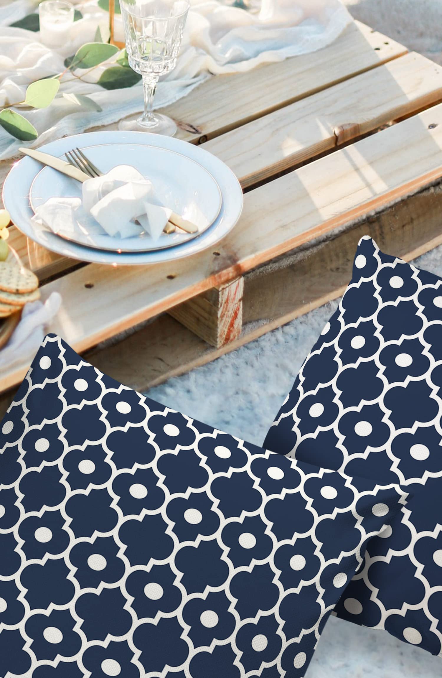 Waterproof Outdoor Throw Pillow Covers 24x24 Inch - Set of 2 Plaid Geometric Cushion Covers for Patio, Garden, Sofa & Chair - Navy Blue Polyester Decorative Pillow Cases for Living Room, Porch & Outdoor Furniture
