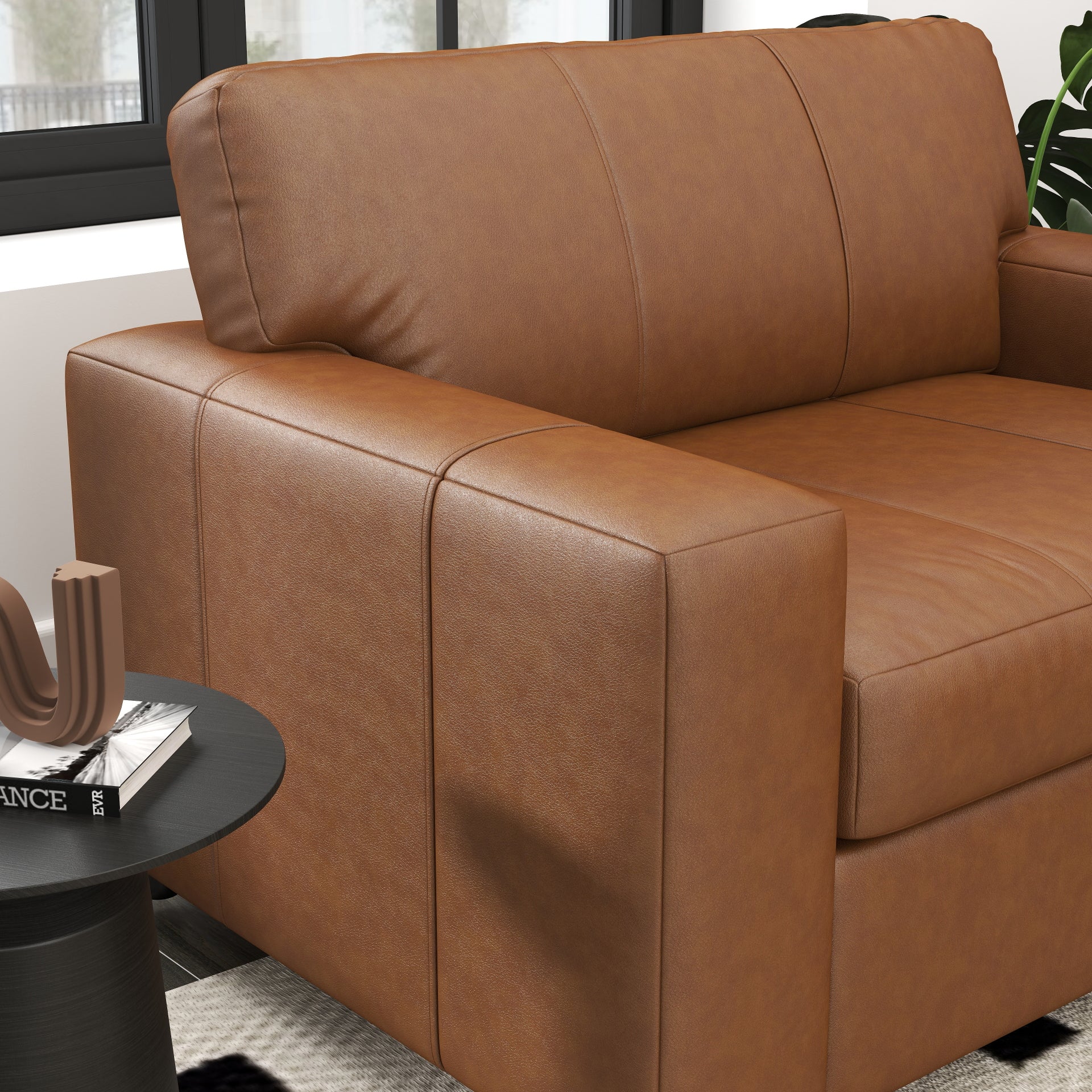 Roundhill Furniture Sakan Genuine Leather Upholstered Cutler Lounge Chair - Modern Living Room Accent Chair for Home Office & Reading Nook