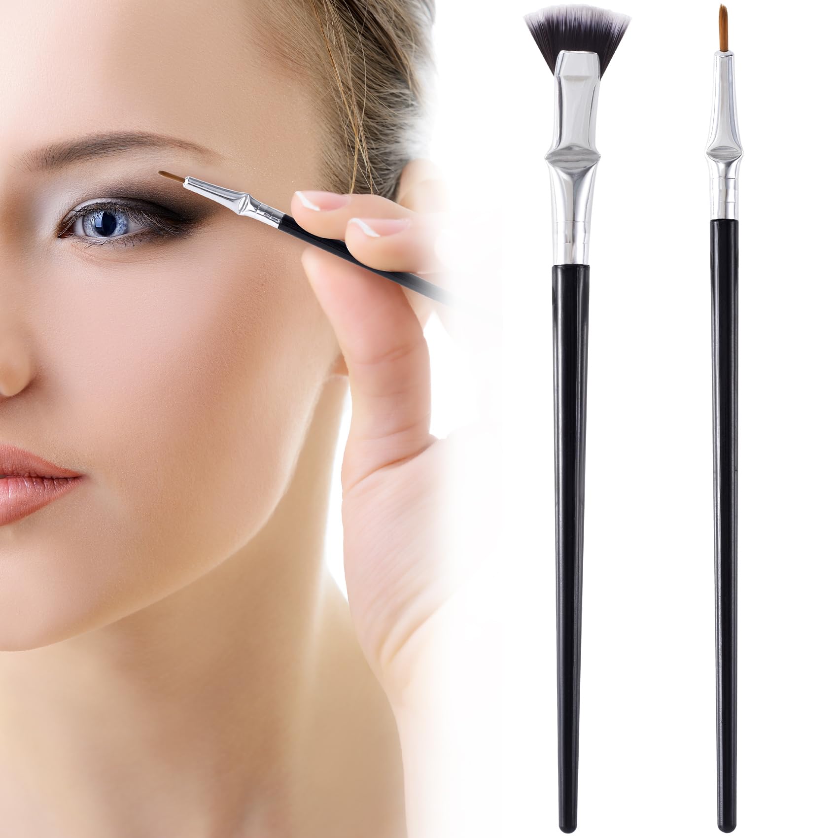 PAGOW Folding Angle Scalloped Lash Brush & Fine Eyeliner Brush Set (2 Pcs) - 2024 New Mascara Fan Brush for Voluminous Lashes, Multifunctional Eyelash Comb Separator Tool - Perfect for Professional Makeup & Home Use