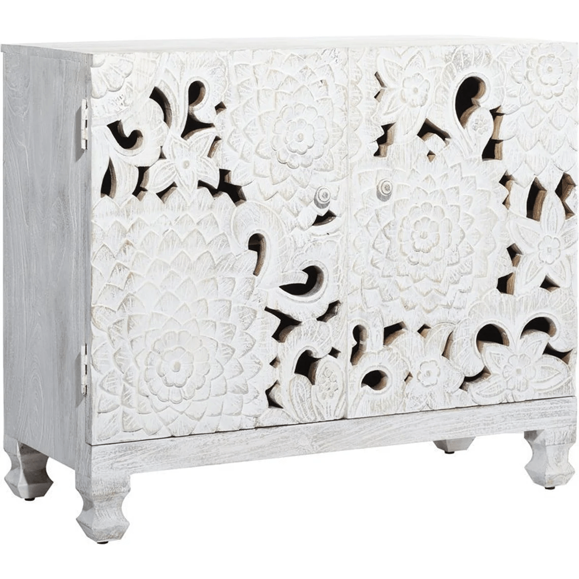 Hand Carved Lotus Wooden Storage Cabinet - White | Elegant Home Decor for Living Room, Bedroom & Entryway Organization