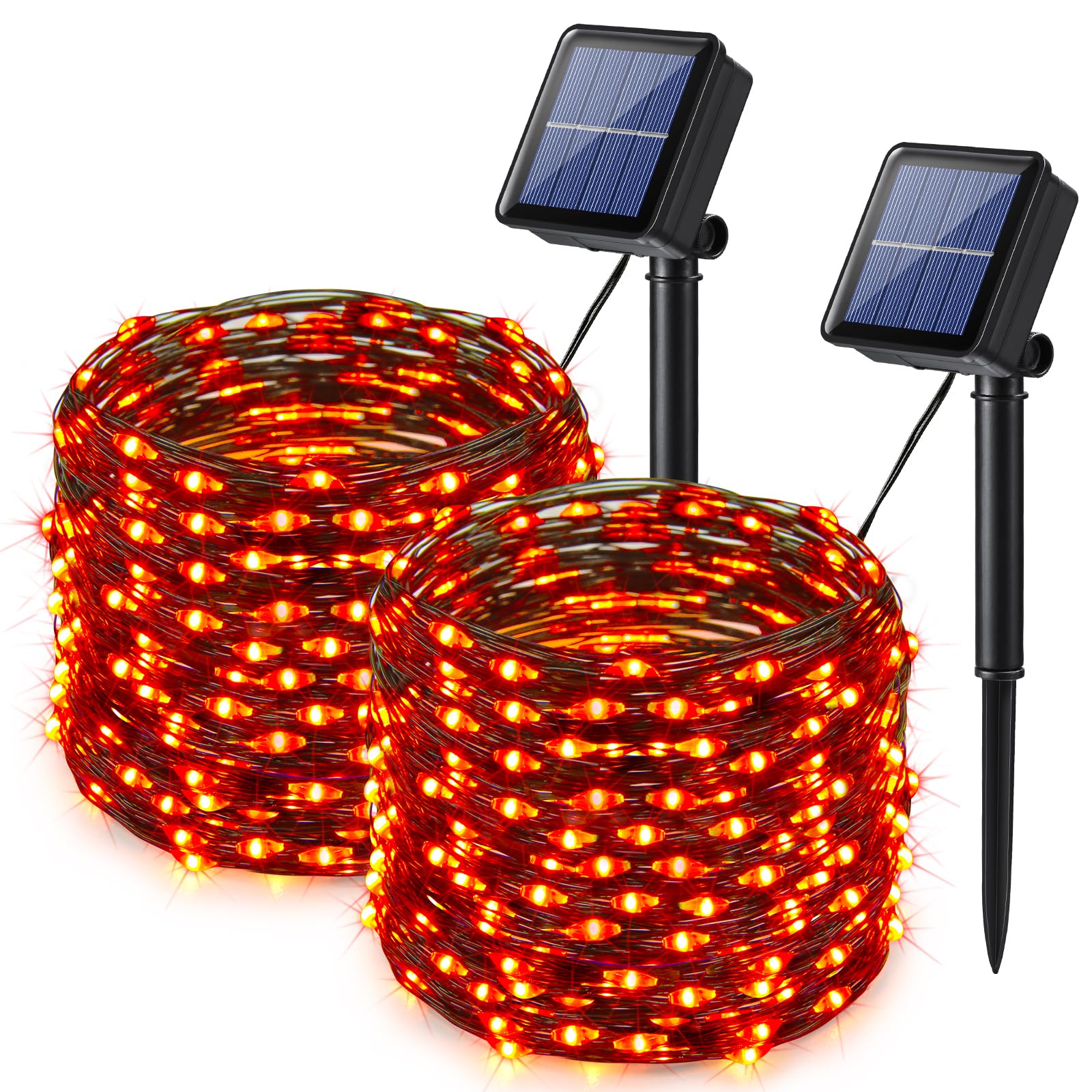 Lomotech 2 Pack 66ft 200LED Solar Halloween Lights - Waterproof Orange Fairy String Lights with 8 Modes & Twinkle Effect, Black Wire for Outdoor Halloween Party, Yard, Garden, Porch, and DIY Home Decorations