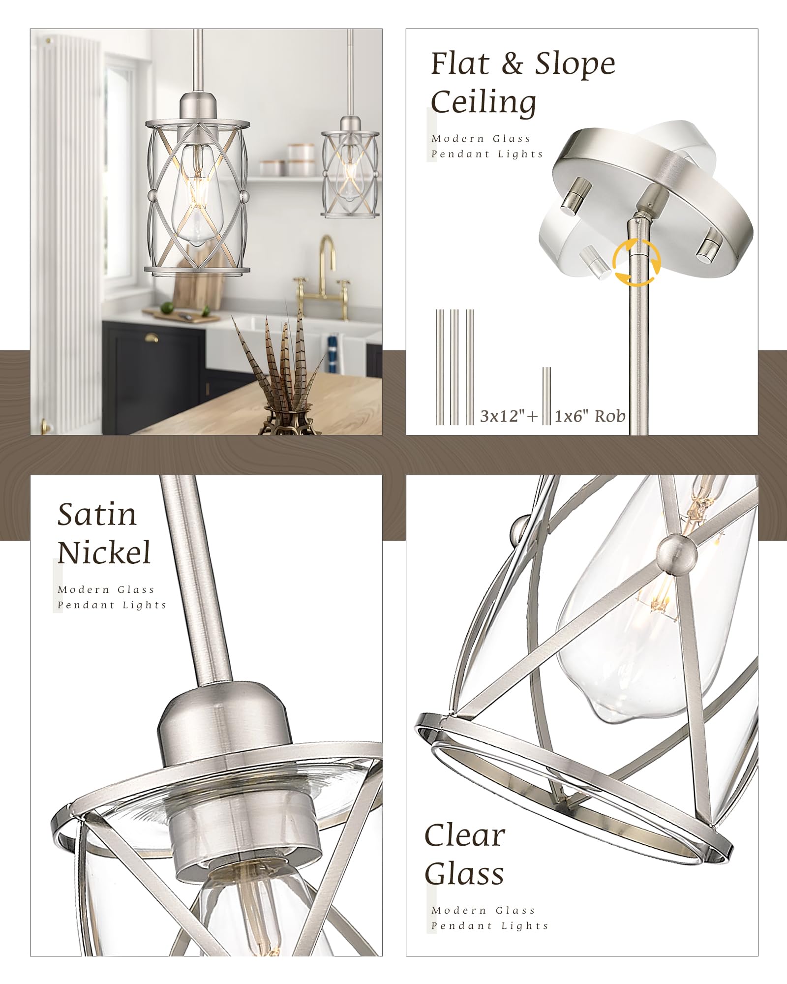 Brushed Nickel Pendant Lights 3 Pack - Modern Glass Kitchen Island Lighting with Adjustable Rod, Mini Hanging Lights for Kitchen Sink, Dining Room, Bar Counter - Perfect for Home, Restaurant, and Cafe Decor (CH9176BN-3PK)