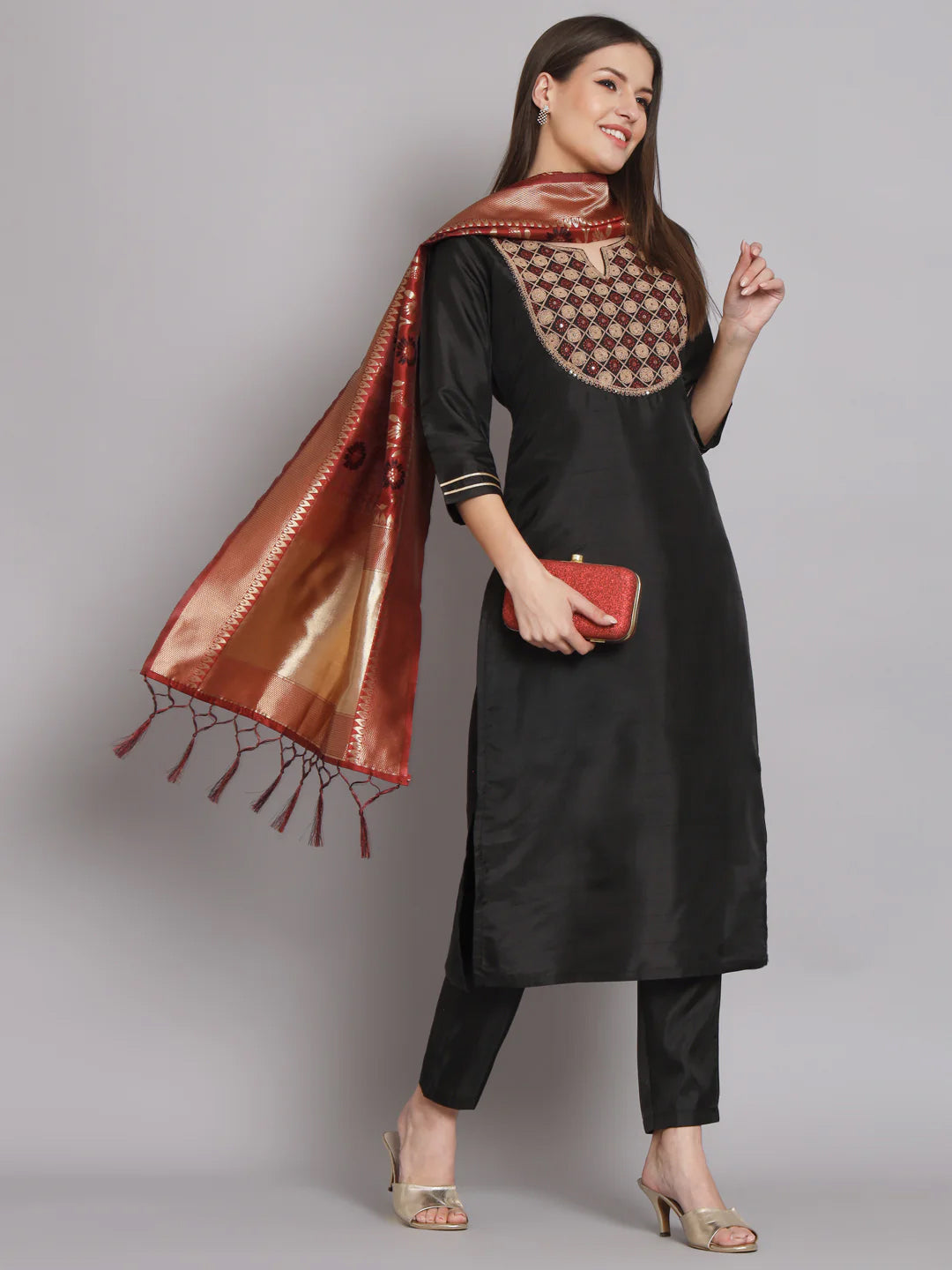 Trendy Black Designer Silk Blend Pant Suit with Embroidery Print - Elegant Women's Formal Wear for Office, Parties & Special Occasions