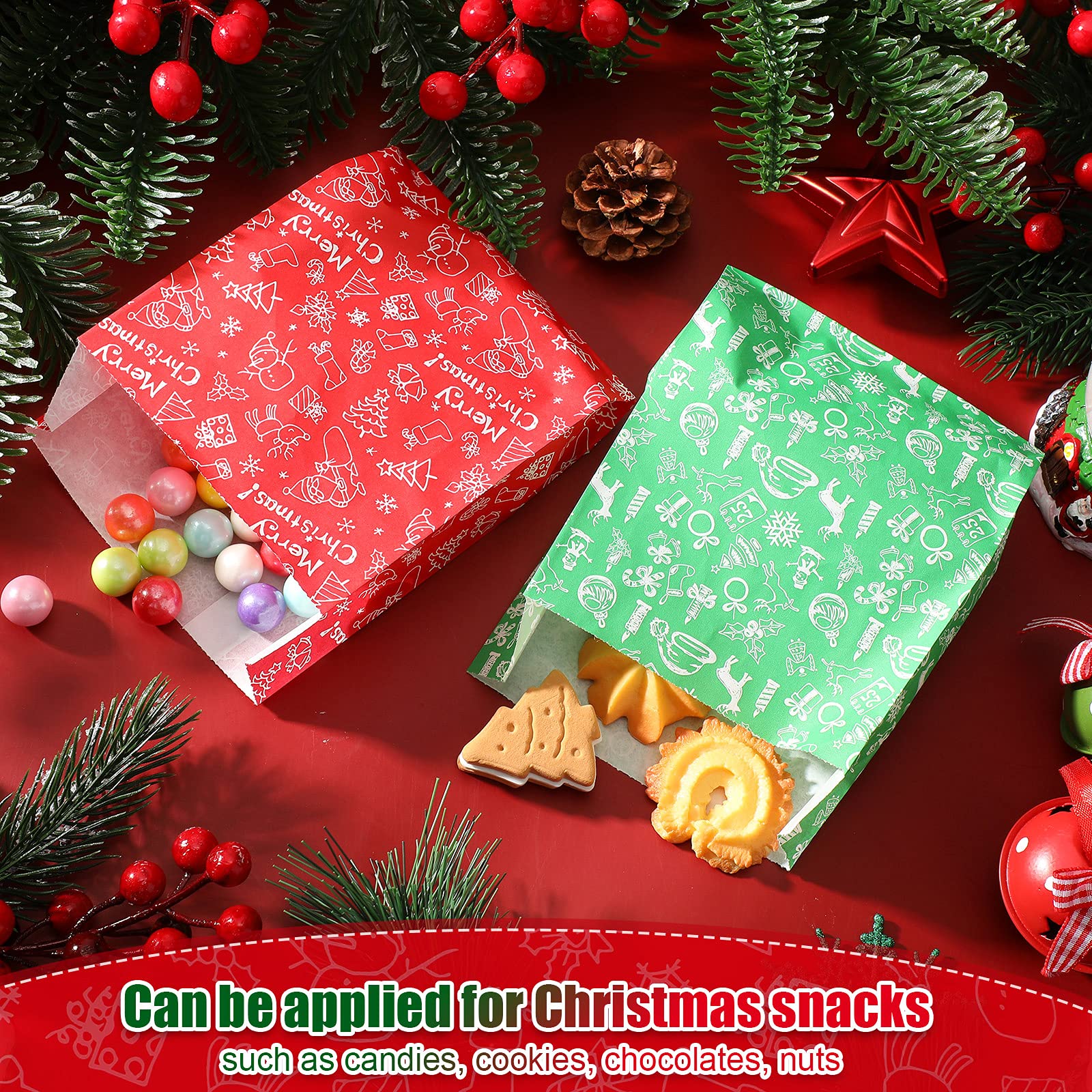 100-Pack Christmas Wax Paper Bags - Food Grade, Grease Resistant Treat Bags for Bakery, Cookies, Candy & Snacks | Perfect for Holiday Parties, Gift Wrapping & Festive Treat Packaging