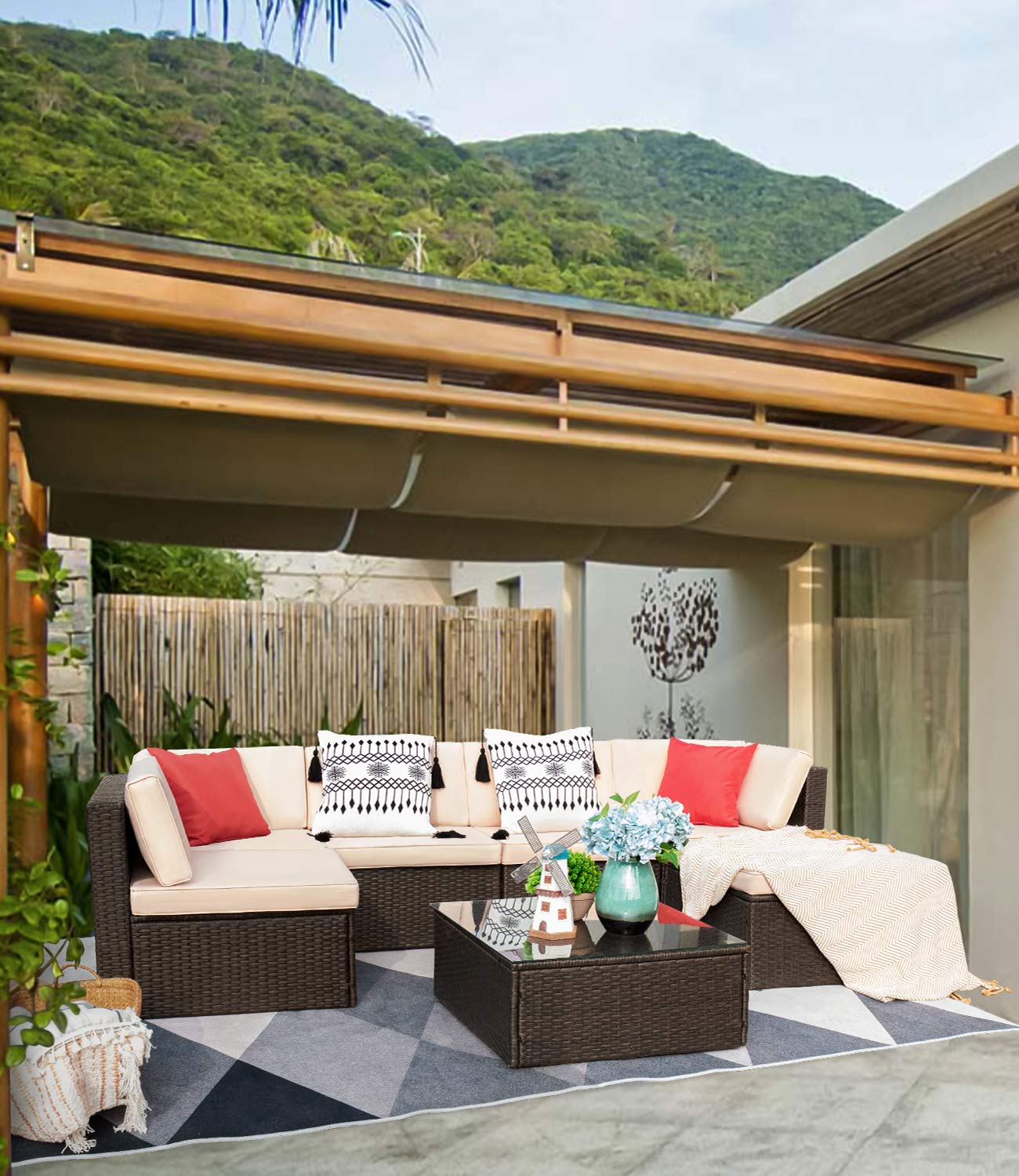 Devoko 7-Piece All-Weather Outdoor Patio Furniture Set - Wicker Rattan Sectional Sofa with Cushions & Glass Coffee Table, Beige - Perfect for Backyard, Garden, Poolside & Patio Relaxation