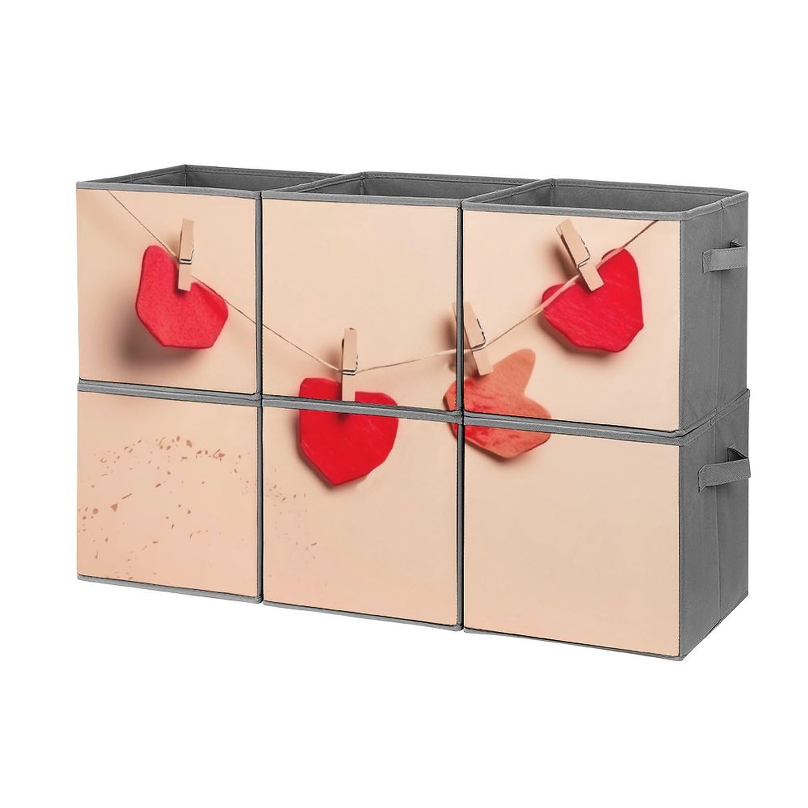 6-Pack Red Heart Paper Cut Collapsible Storage Bins with Handles - Large Closet Organizer Baskets for Clothes, Toys & Home Organization | Perfect for Bedroom, Nursery & Dorm Storage Solutions