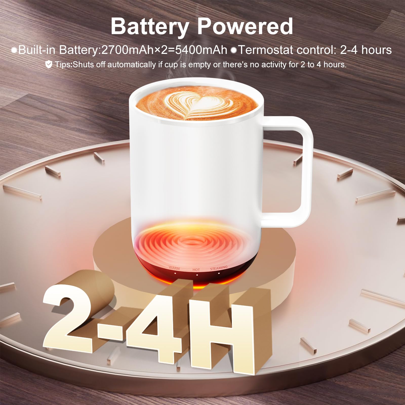 VSITOO Smart Temperature Control Heated Coffee Mug - 14oz Rechargeable Travel Mug with APP Control, LED Display & Auto Warm Feature - Perfect for Office, Home & Outdoor Use (White)