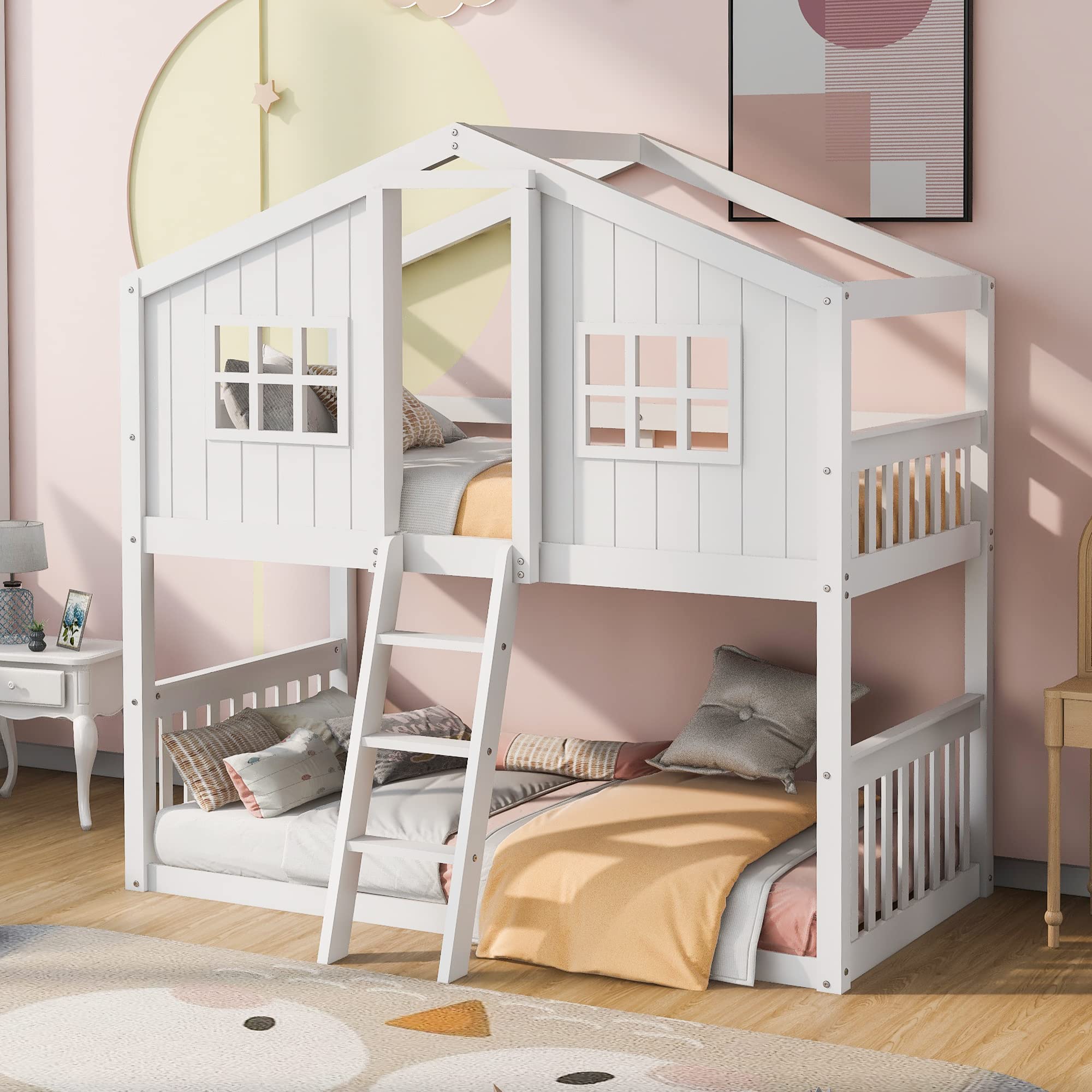 Polibi Twin-Over-Twin Wooden Bunk Bed with Roof, Front Windows & Ladder - Perfect for Kids' Bedrooms, Guest Rooms & Space-Saving Solutions