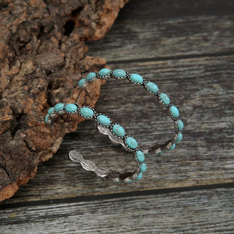 Natural Turquoise Dangle Earrings for Women - Large Oval Western Vintage Statement Teardrop Boho Cowgirl Hoop Earrings | Perfect for Country Concerts, Rodeos & Boho Fashion