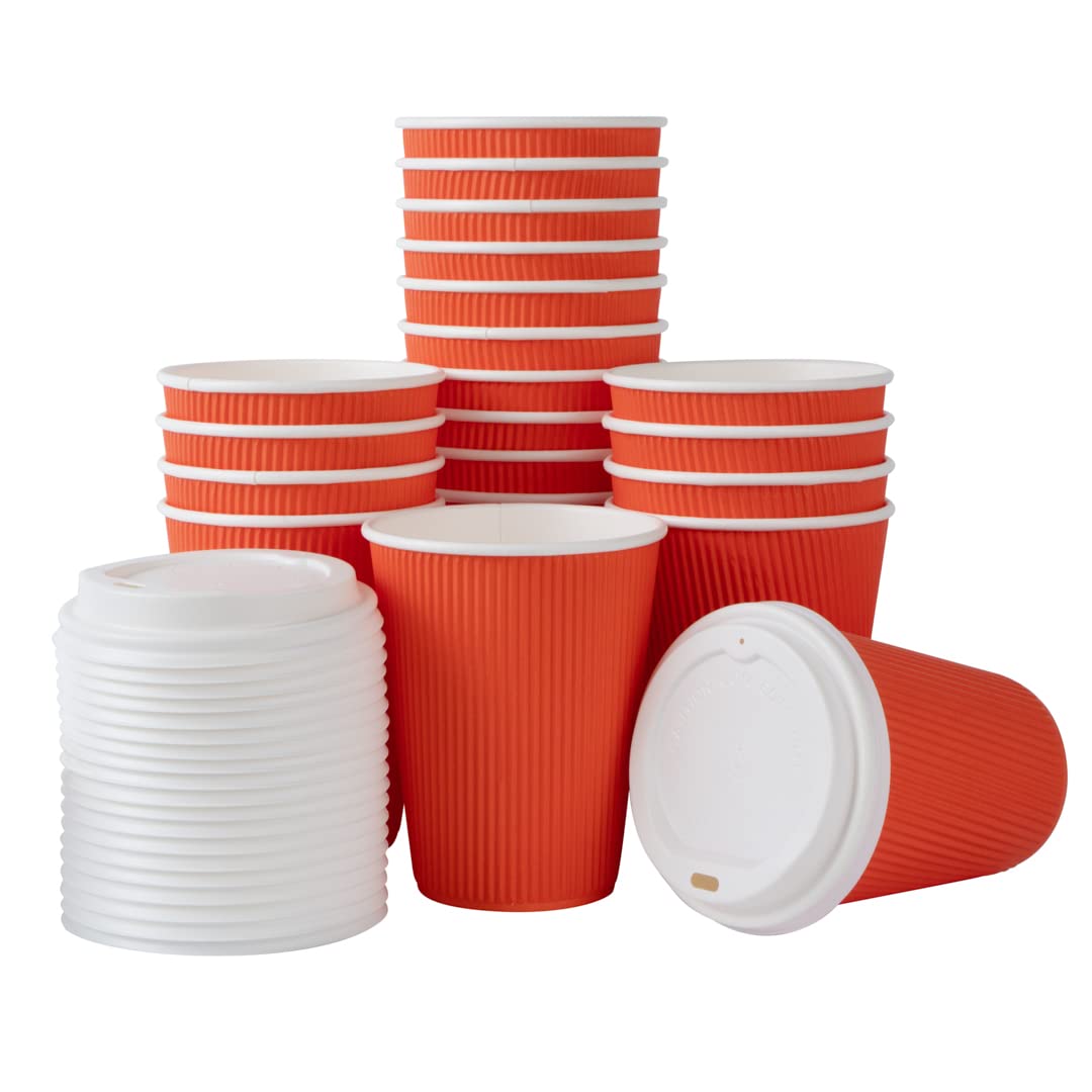 12oz Insulated Coffee Cups with Lids - 200 Pack Leakproof Disposable Hot Cups for Coffee, Tea & Cocoa | Non-Slip Ripple Wall Design | Tangerine Orange Paper Cups for Restaurants, Cafes & Office Use