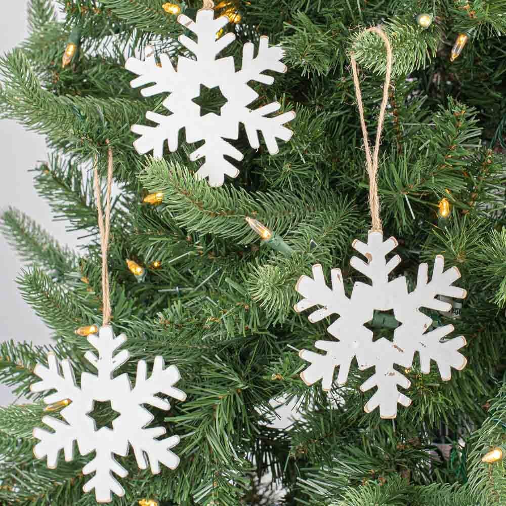 Vintage Wooden Snowflake Christmas Ornaments Set of 12 - Handcrafted White Wood Snowflakes with Jute String Hangers for Holiday Tree, Garland, Wreath & Festive Home Decor - Perfect for Christmas, Winter Weddings & Cozy Cabin Decor