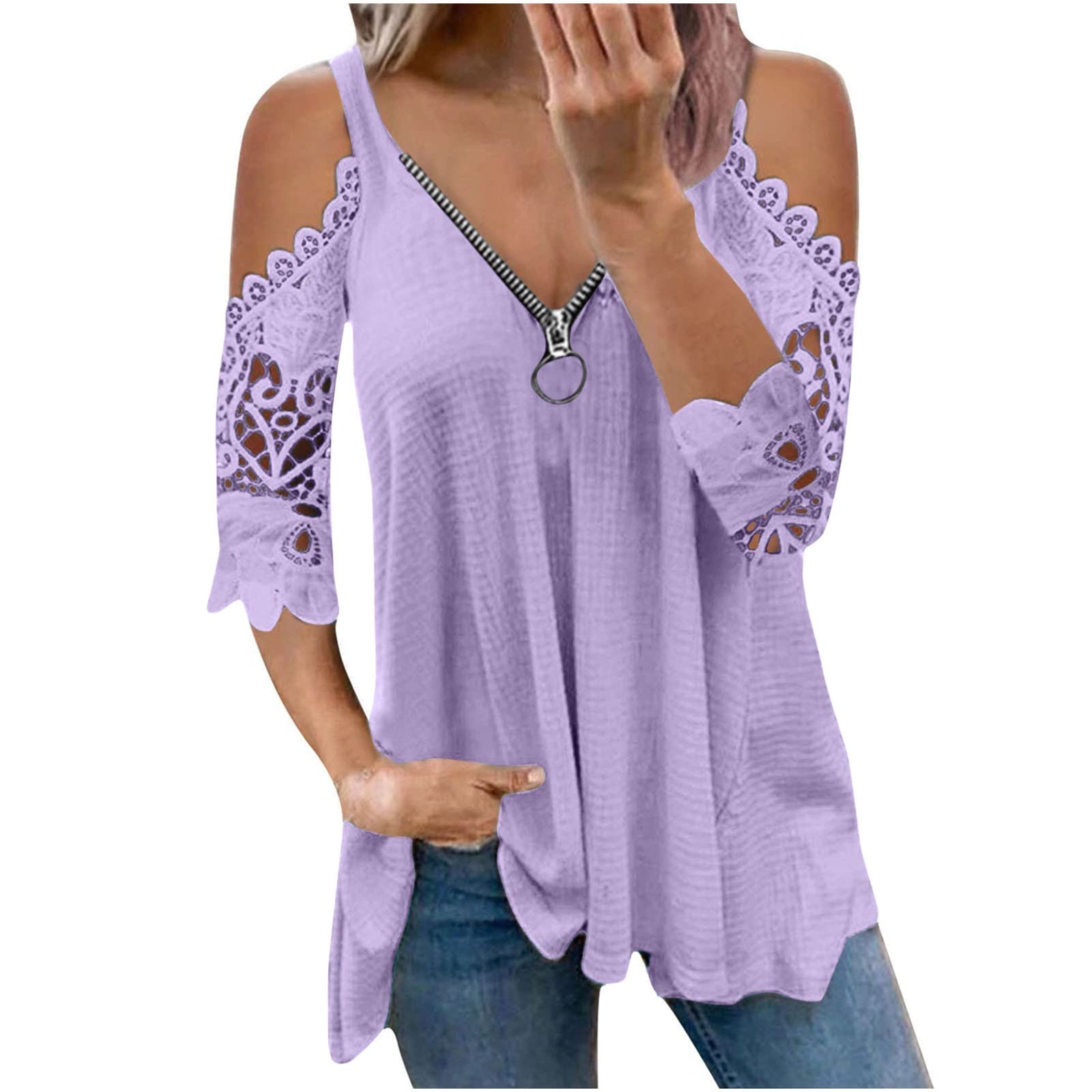 Stylish Plus Size Women's Summer Tops - Sexy Cold Shoulder Blouses, Casual Loose Fit V-Neck Tunics with Zipper Details | Fashionable & Comfortable Women's Clothing for Outdoor Activities, Beach Vacations & Daily Wear