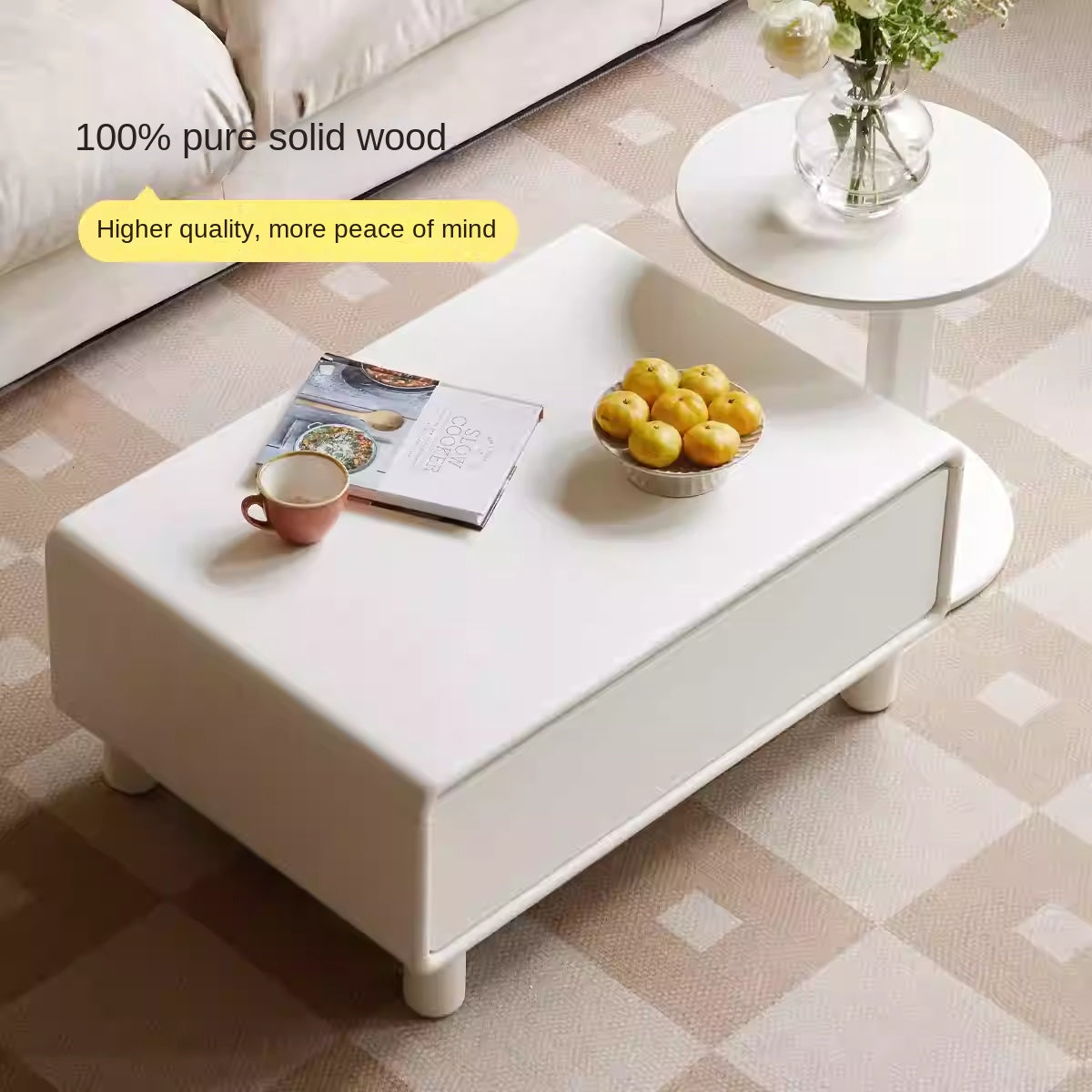 Modern Oak Solid Wood Coffee Table - Cream Finish, Minimalist Design for Living Room, Lounge, or Office - Durable & Stylish Home Decor
