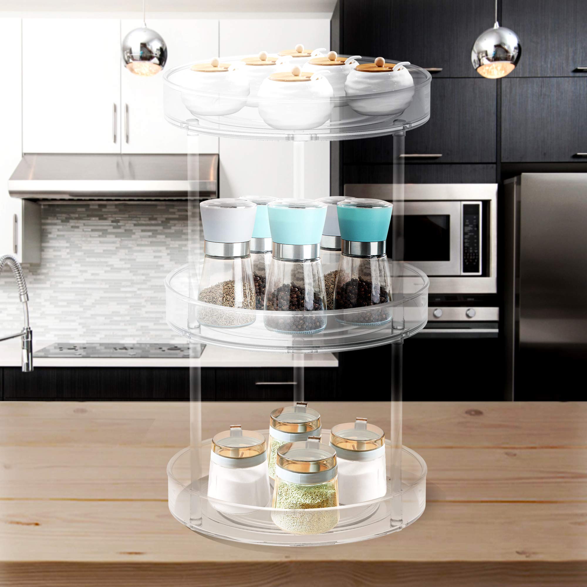 VAEHOLD 3-Tier Lazy Susan Turntable Spice Rack Organizer - Kitchen Cabinet Storage for Spices, Fruits, Snacks & Cosmetics | Farmhouse Style Tiered Tray for Pantry, Bathroom & Tabletop Decor | Perfect for Home Organization & Entertaining