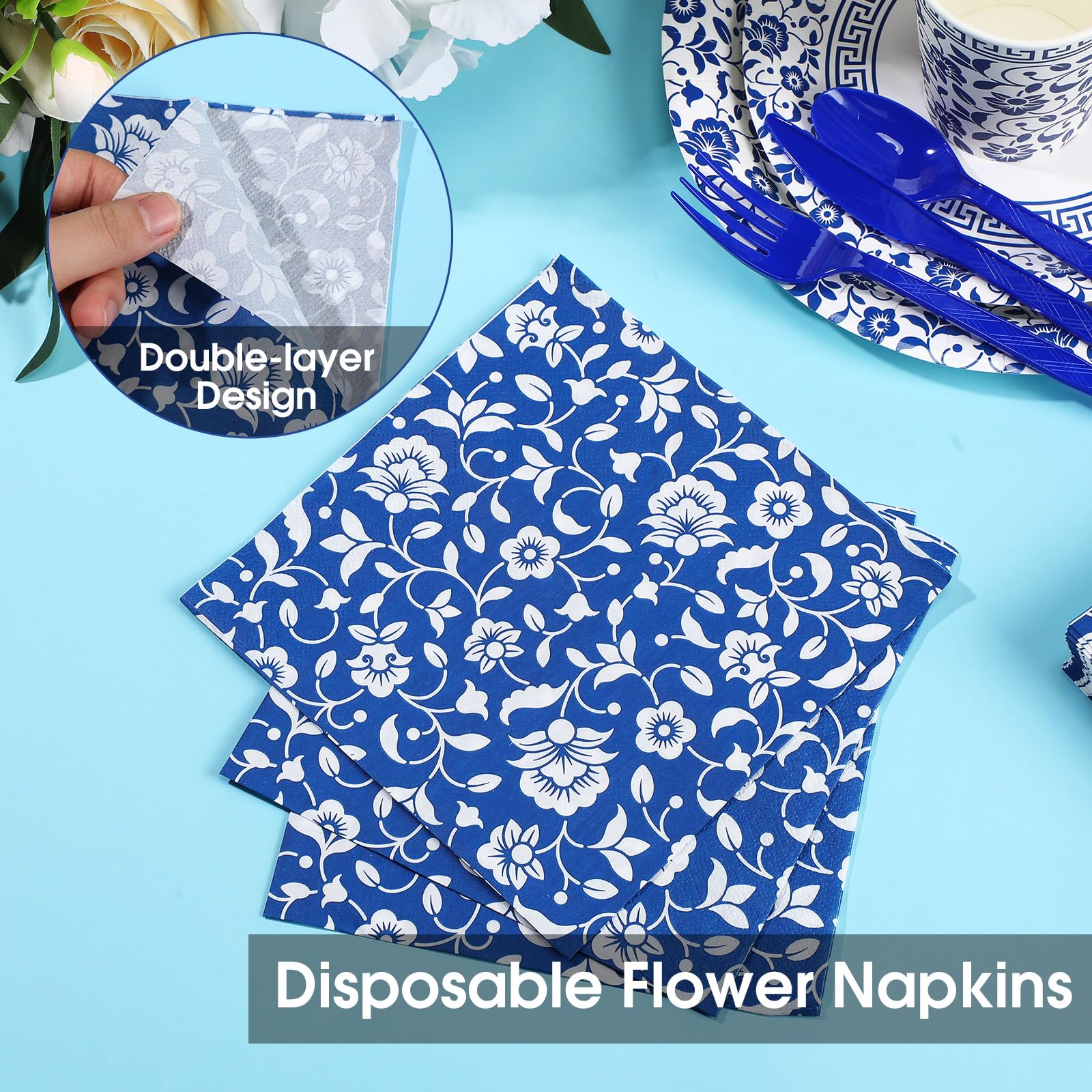 225 Pcs Blue and White Floral Disposable Tableware Set - 9 & 7 Inch Elegant Paper Plates, Cups, Straws, Napkins with Cutlery for 25 Guests | Perfect for Bridal Showers, Weddings, Birthday Parties & Elegant Events