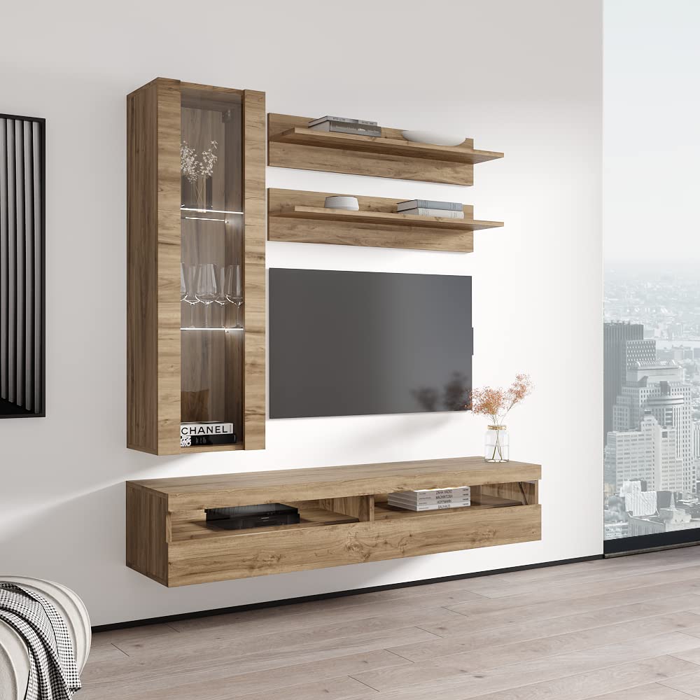 Modern Floating TV Stand with Storage & LED Lights - Wall-Mounted Entertainment Center for Bedroom & Living Room - H2 35TV Console with Shelves in Oak Finish - Perfect for Small Spaces & Home Theater Setup