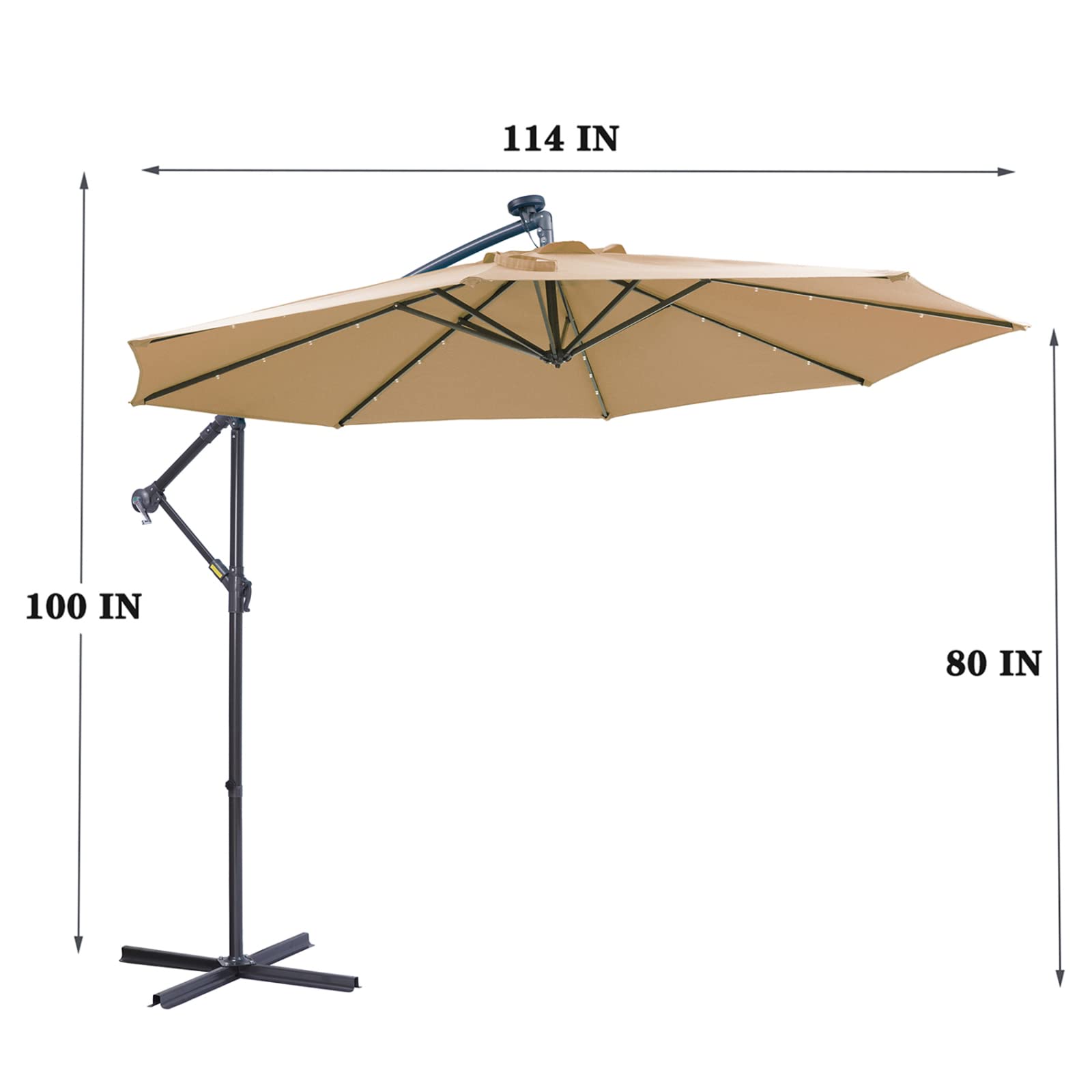 10 FT Solar LED Cantilever Patio Umbrella with Base - 32 Bright LED Lights, Easy Open Adjustable Outdoor Umbrella for Garden, Poolside & Backyard Relaxation