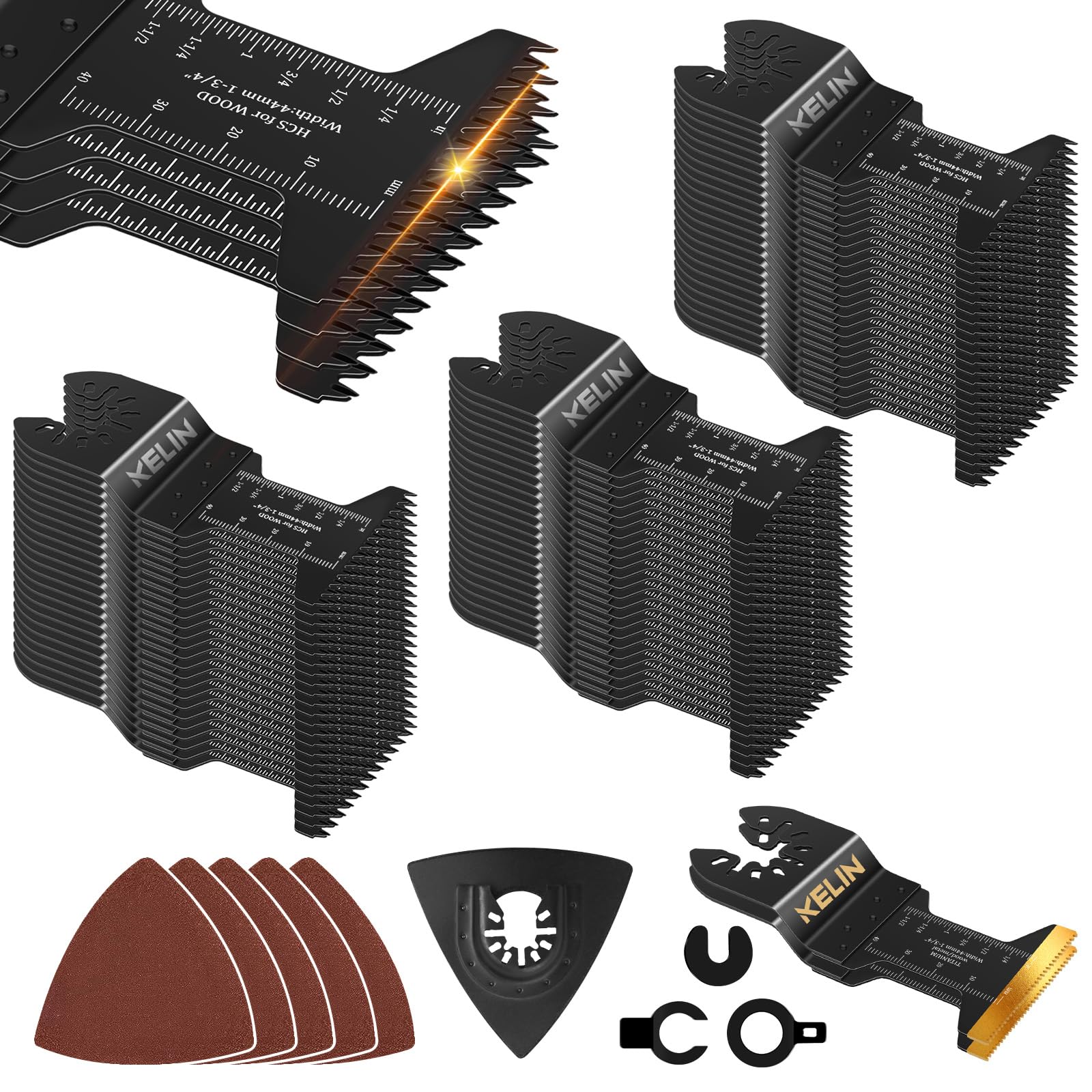 KELIN 78-Piece Oscillating Tool Blade Set with Japanese Long Teeth for Wood Cutting - High Efficiency Multitool Blades, Universal Quick Release Oscillating Saw Blades Kit Includes 2 Titanium Blades & Sanding Pad - Perfect for DIY Projects, Home Renovation, and Professional Woodworking
