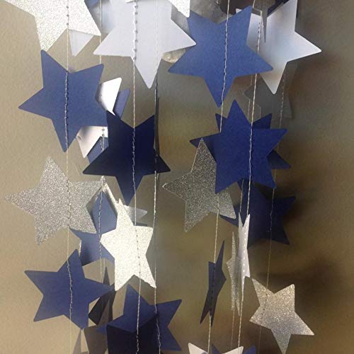 Navy Blue Glitter Silver Star Garland - 2 Pack Space Themed Party Decor for Birthday, Baby Shower & Outer Space Events | Perfect for Ceiling, Wall & Table Decorations