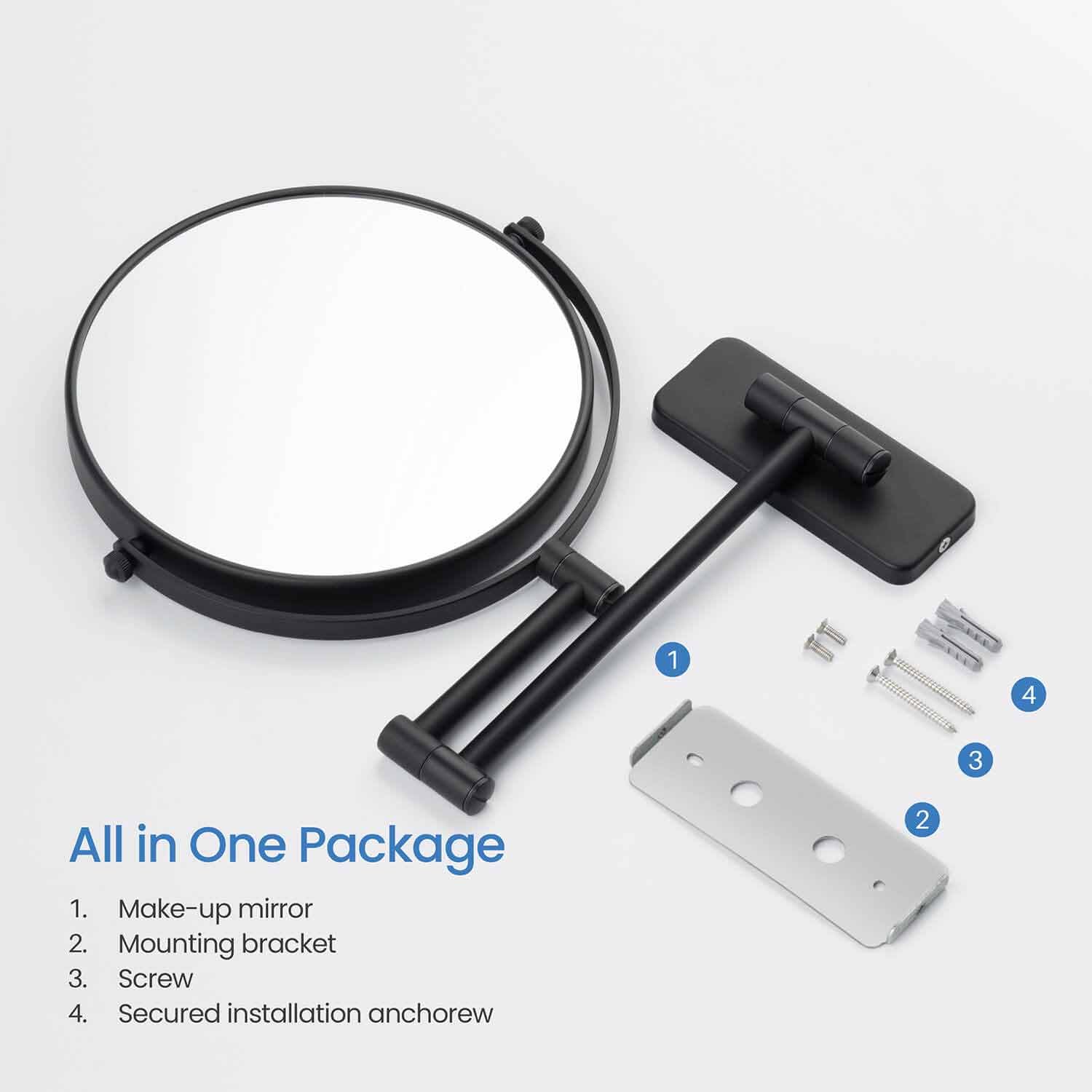KIBI 10X Magnifying Mirror for Makeup & Shaving - Dual Sided Wall Mount Vanity Mirror with 360° Rotation | Solid Brass Construction, Matte Black Finish (KMM100) | Perfect for Bathroom, Bedroom & Dressing Room