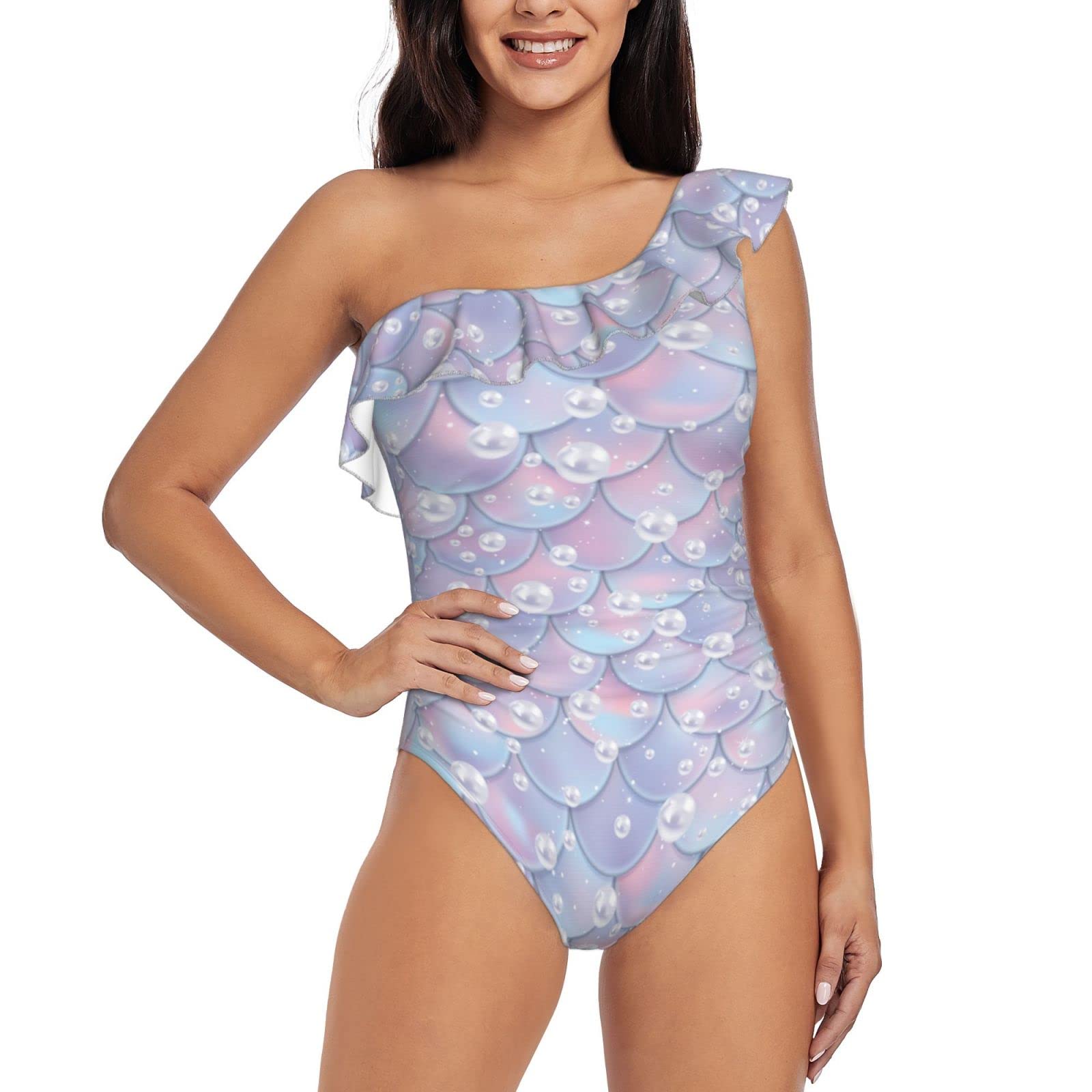 **Asymmetric One Shoulder Ruffle Swimsuits for Women - Sexy One Piece Bathing Suit with Fish Scale Design | Beach, Pool & Vacation Wear**