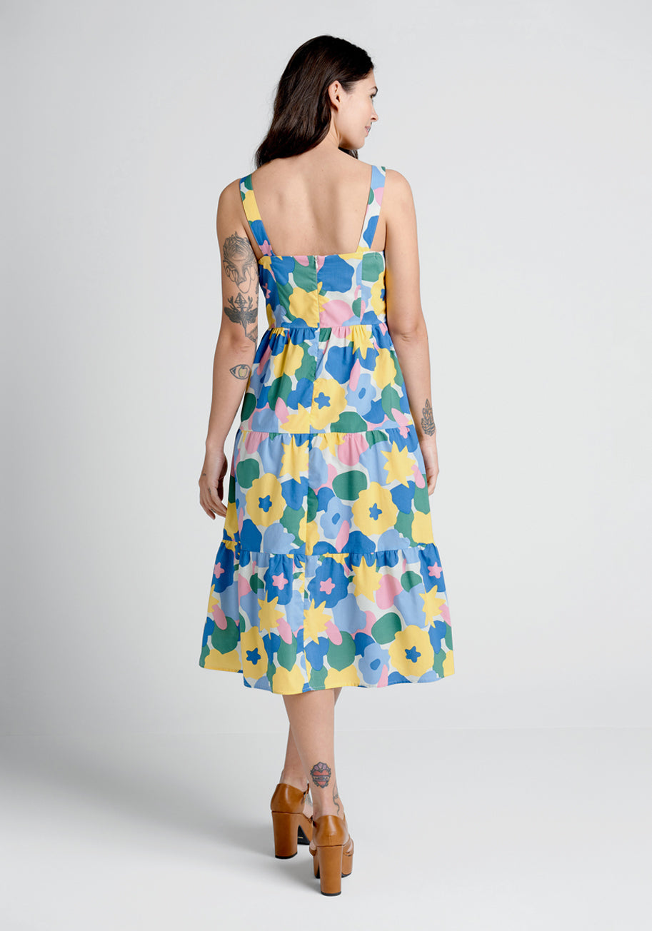 Blossoms In The Breeze Floral Print Tiered Midi Dress for Women - Perfect for Spring Outings, Garden Parties & Summer Vacations