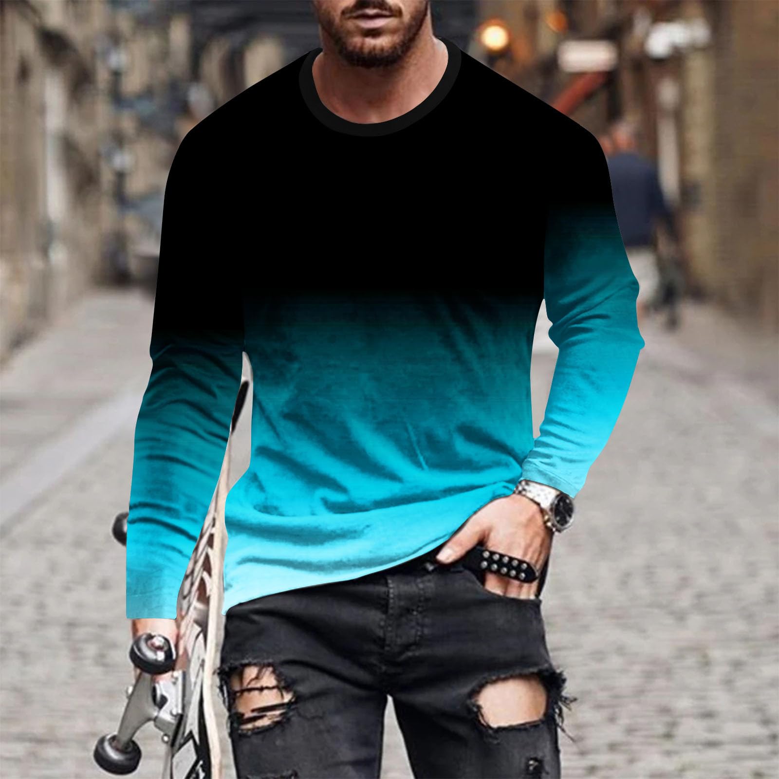 Men's Long Sleeve Graphic Tee Shirt - Casual Gradient Color Pullover Sweatshirt for Fall | Loose Fit Athletic Top for Running, Gym & Streetwear Fashion