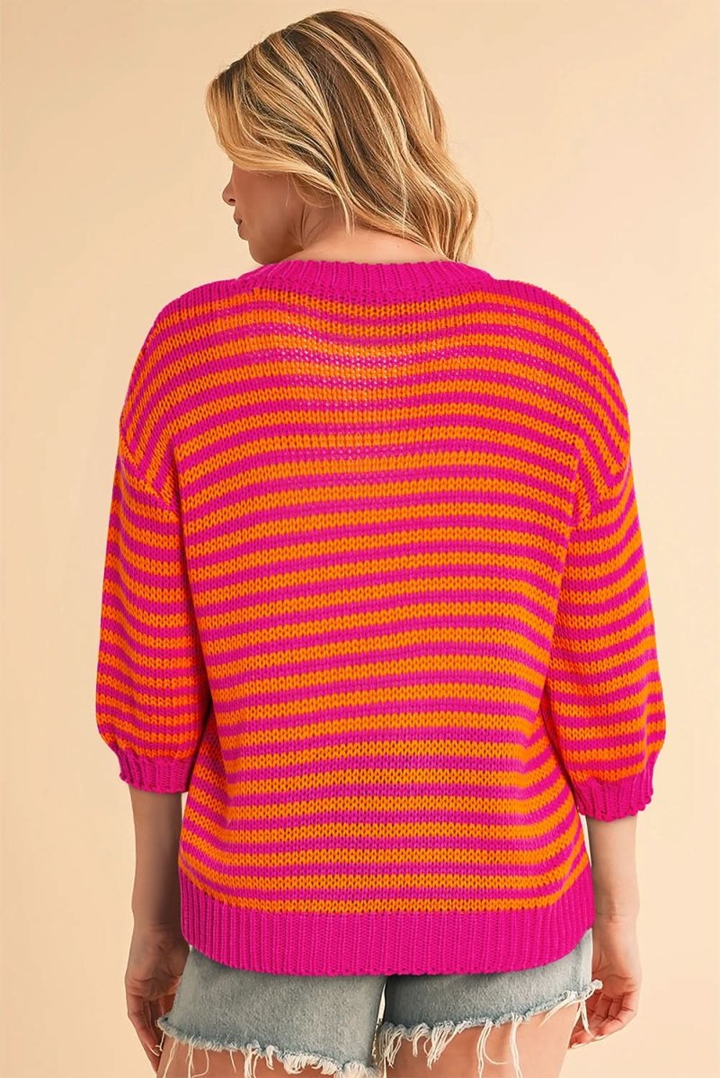 Stylish Rose Striped 3/4 Puff Sleeve Drop Shoulder Knit Sweater for Women | Casual Fall Winter Fashion | Perfect for Office, Dating & Weekend Outfits