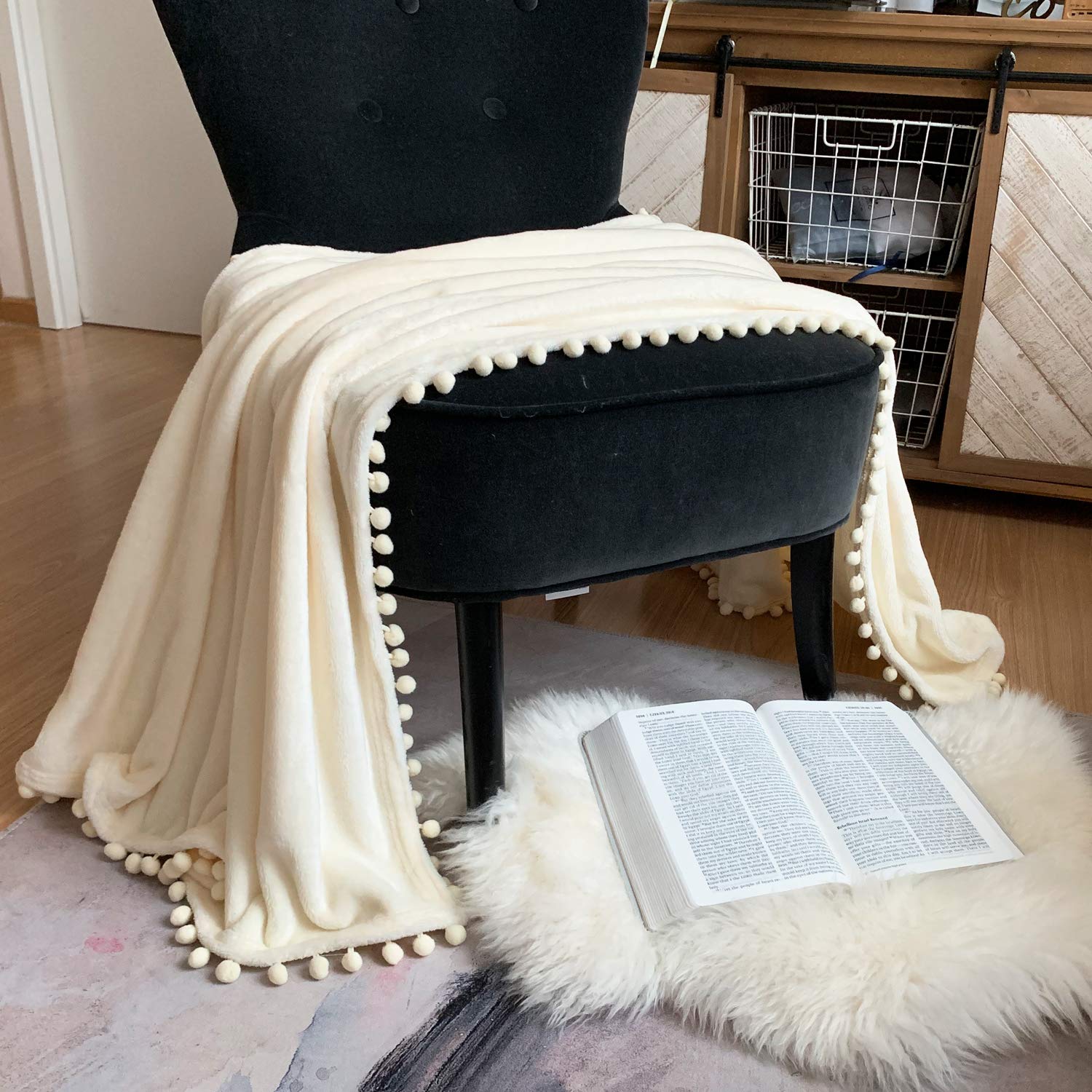 LOMAO Soft Flannel Blanket with Pompom Fringe - Lightweight Cozy Throw Blanket for Bed, Couch & Sofa - All Season Warm Fleece Blanket (Ivory, 51x63 Inches) - Perfect for Home, Office, Travel & Gift Giving