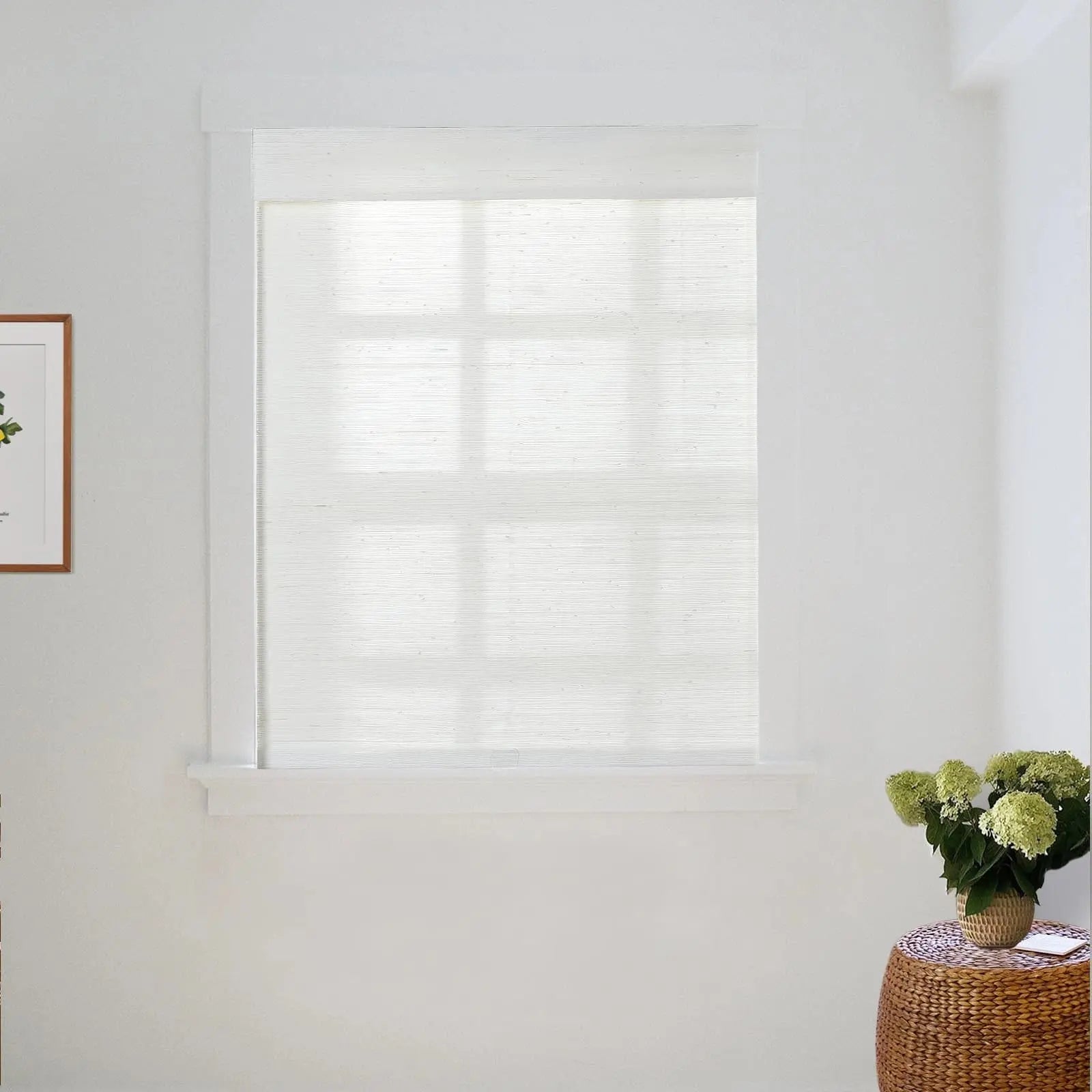 Natural Ramie Bamboo Woven Window Shade - Breathable Rattan White Roller Blind for Living Room, Bedroom & Patio Privacy