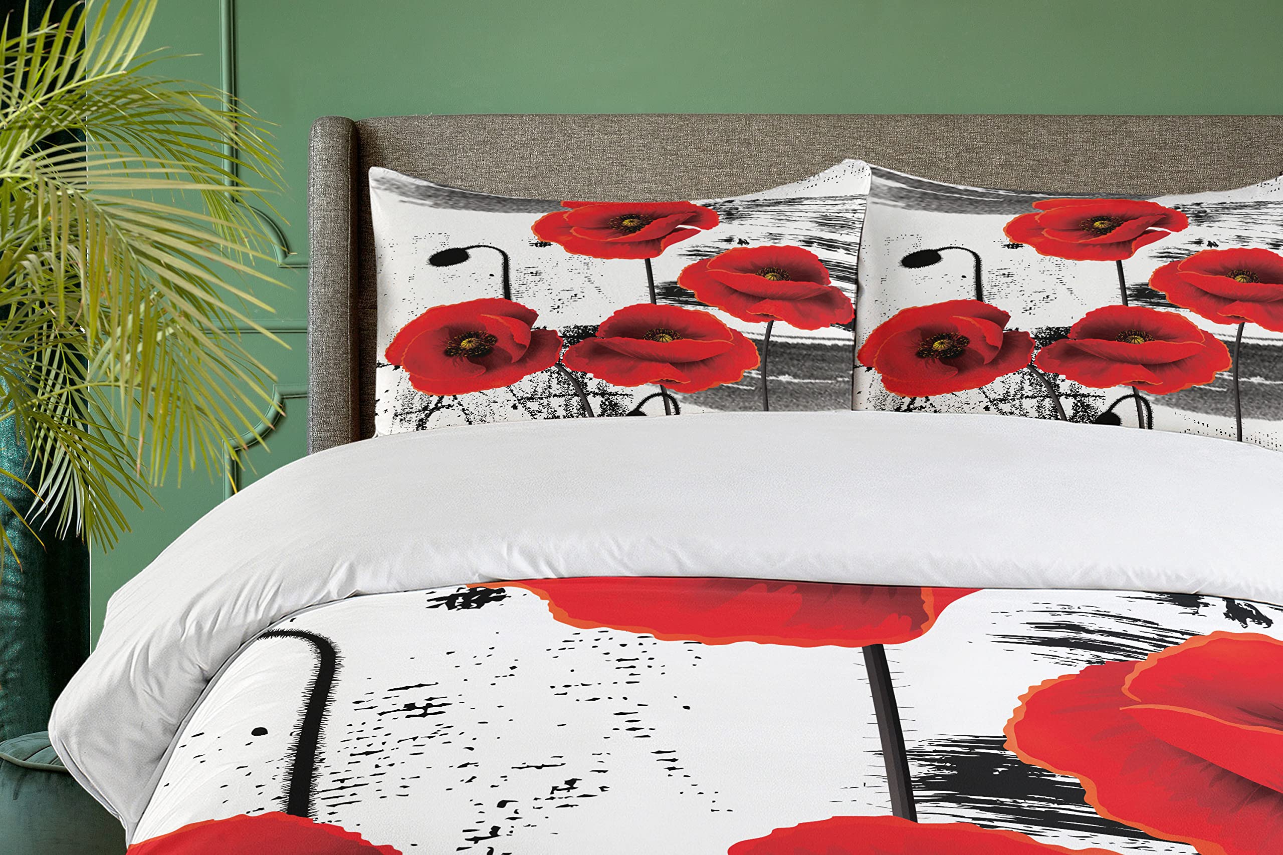 Ambesonne Poppy Flower Duvet Cover Set - 3 Piece California King Bedding with 2 Pillow Shams, Blossom Composition & Grunge Brush Design in Vermilion Grey - Perfect for Bohemian & Farmhouse Bedroom Decor