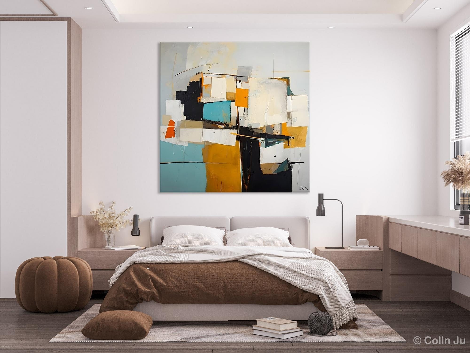 Modern Abstract Canvas Wall Art - Hand Painted Geometric Acrylic Painting - Large Contemporary Artwork for Living Room, Bedroom & Office Decor