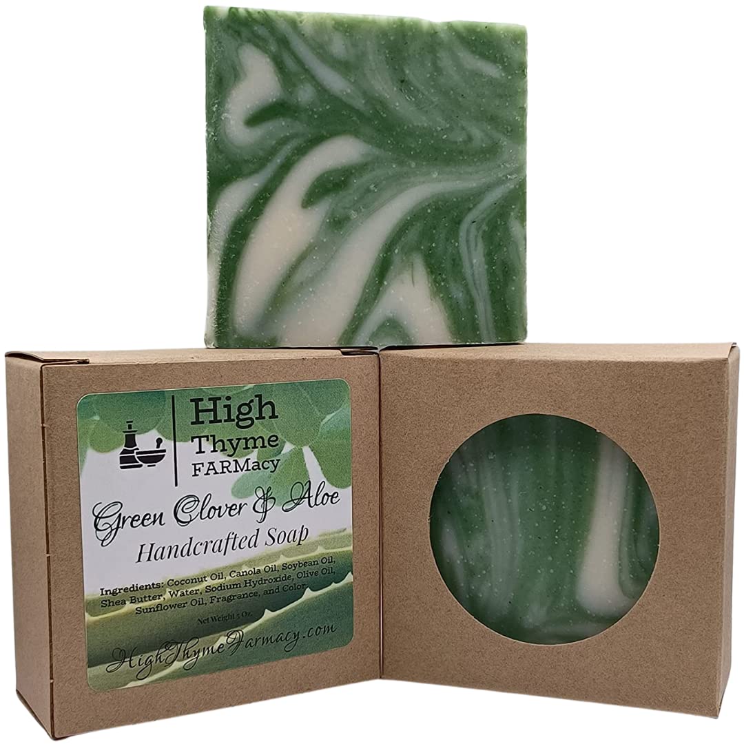 Green Clover & Aloe Handmade Soap - 5oz Natural Moisturizing Bar with Fresh Aloe Scent - Vegan Lye Soap for Dry Skin - Refreshing Body Wash for Spa, Shower & Gift Giving