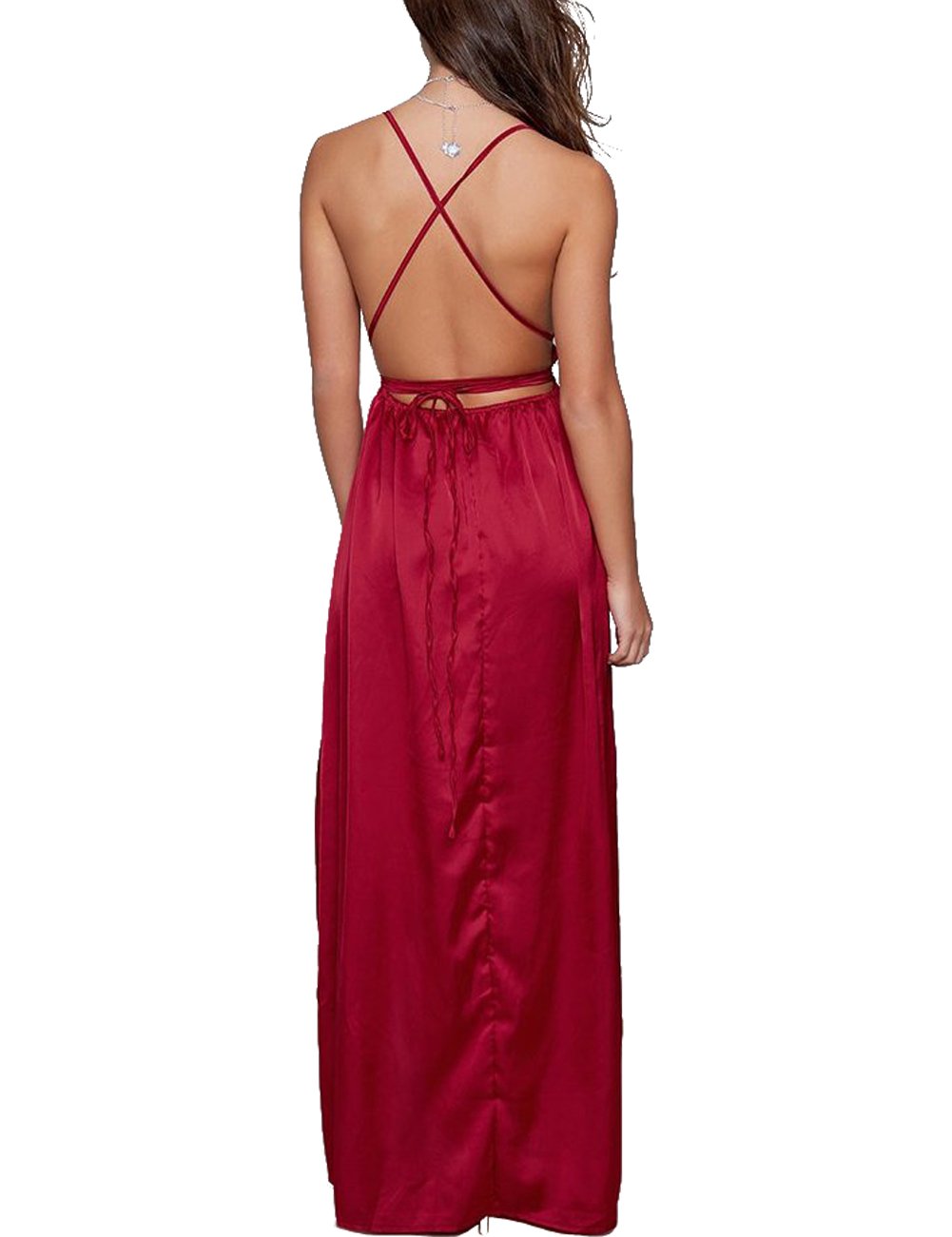 Elegant Women's Satin Formal Dress - Sexy V Neck Backless Long Maxi Gown with High Slit for Cocktail Party, Wedding Guest & Evening Occasions